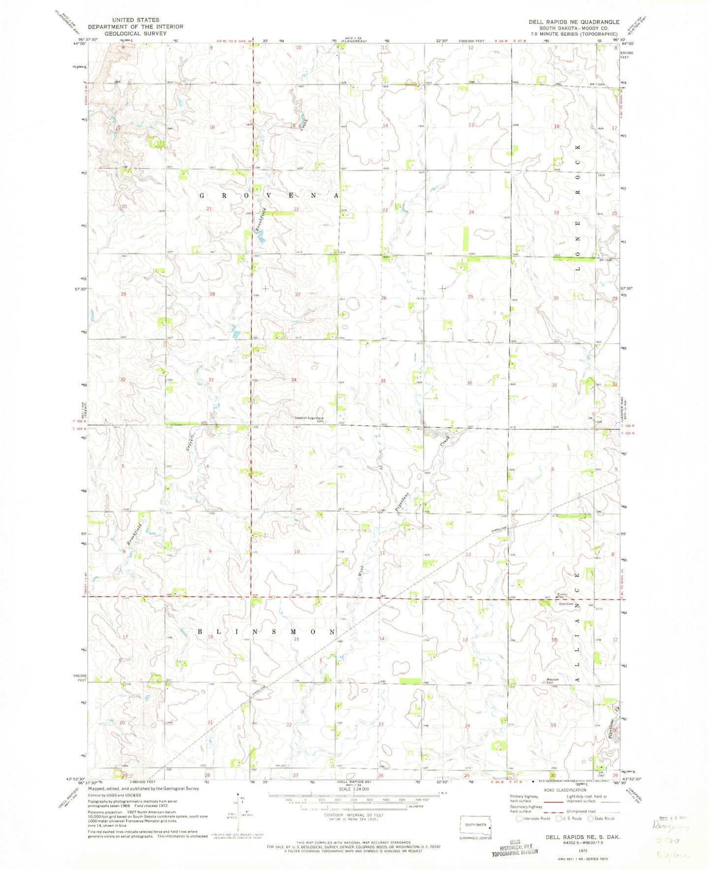 Classic USGS Dell Rapids NE South Dakota 7.5'x7.5' Topo Map Image