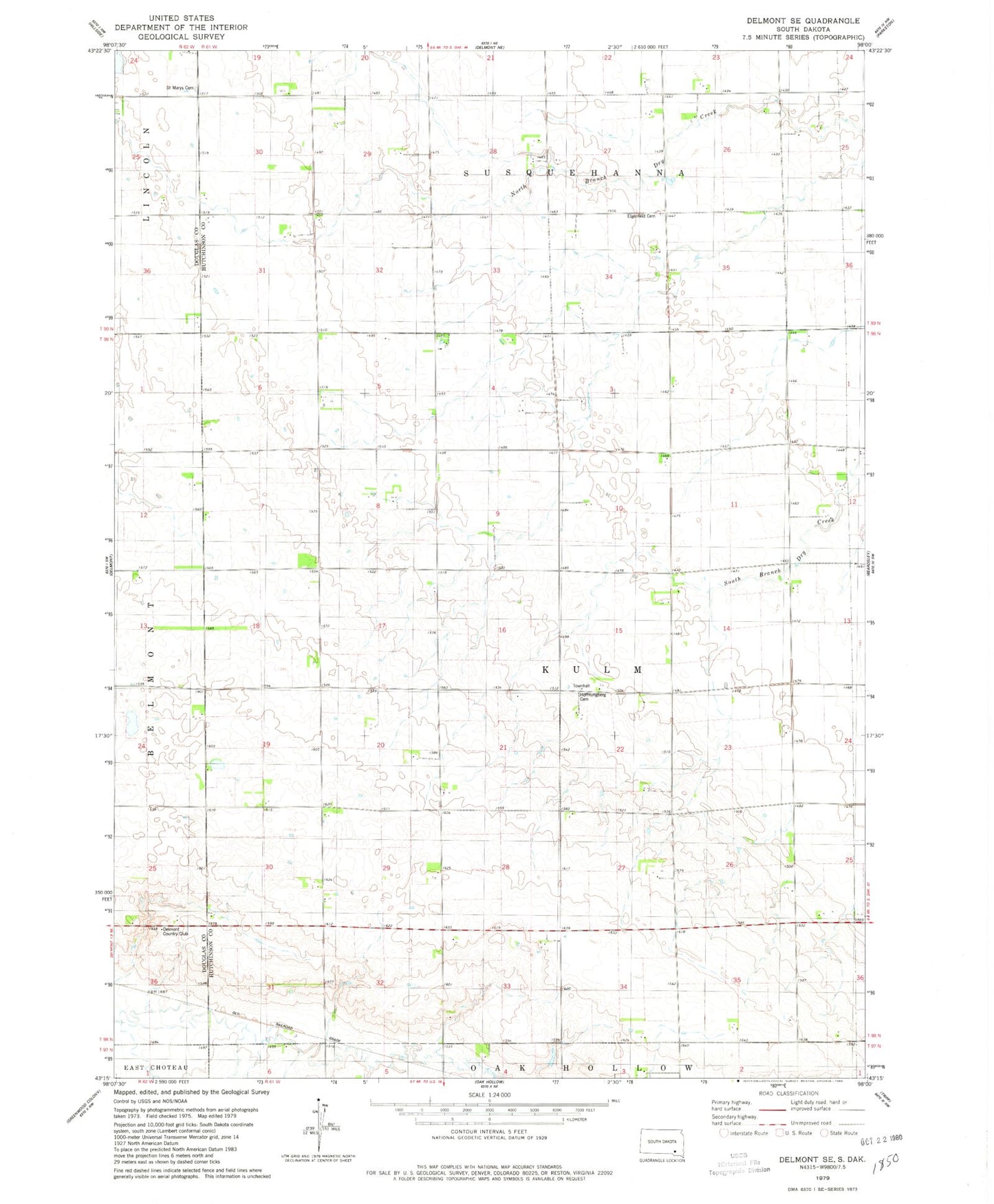 Classic USGS Delmont SE South Dakota 7.5'x7.5' Topo Map Image
