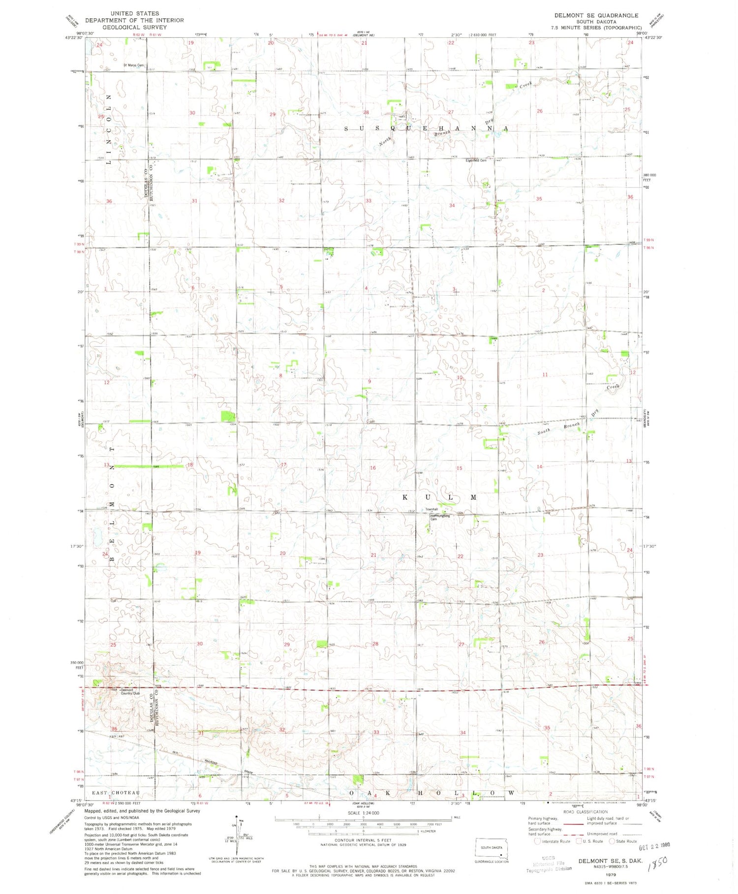 Classic USGS Delmont SE South Dakota 7.5'x7.5' Topo Map Image