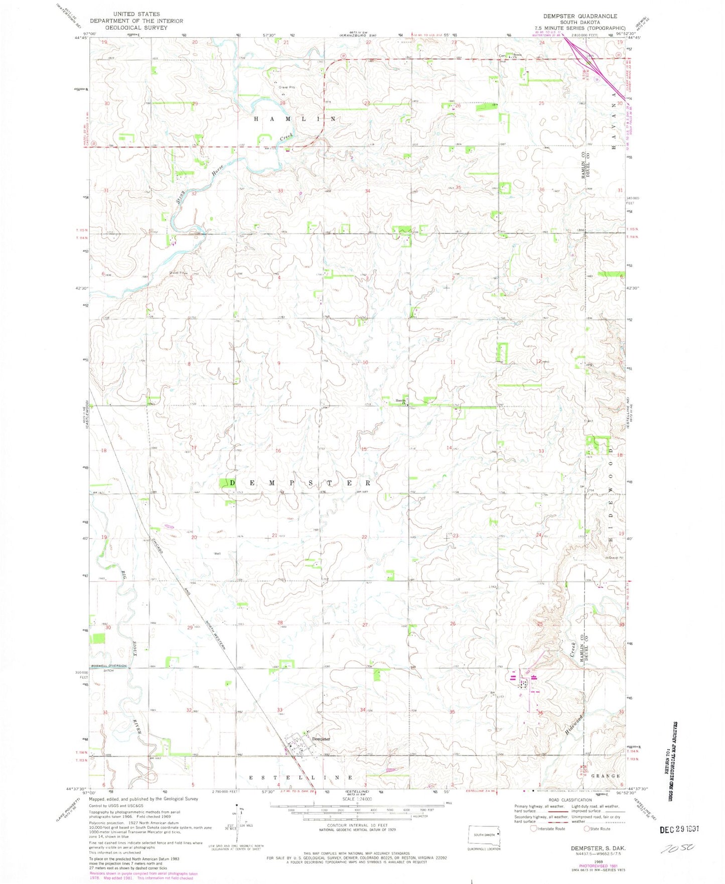Classic USGS Dempster South Dakota 7.5'x7.5' Topo Map Image