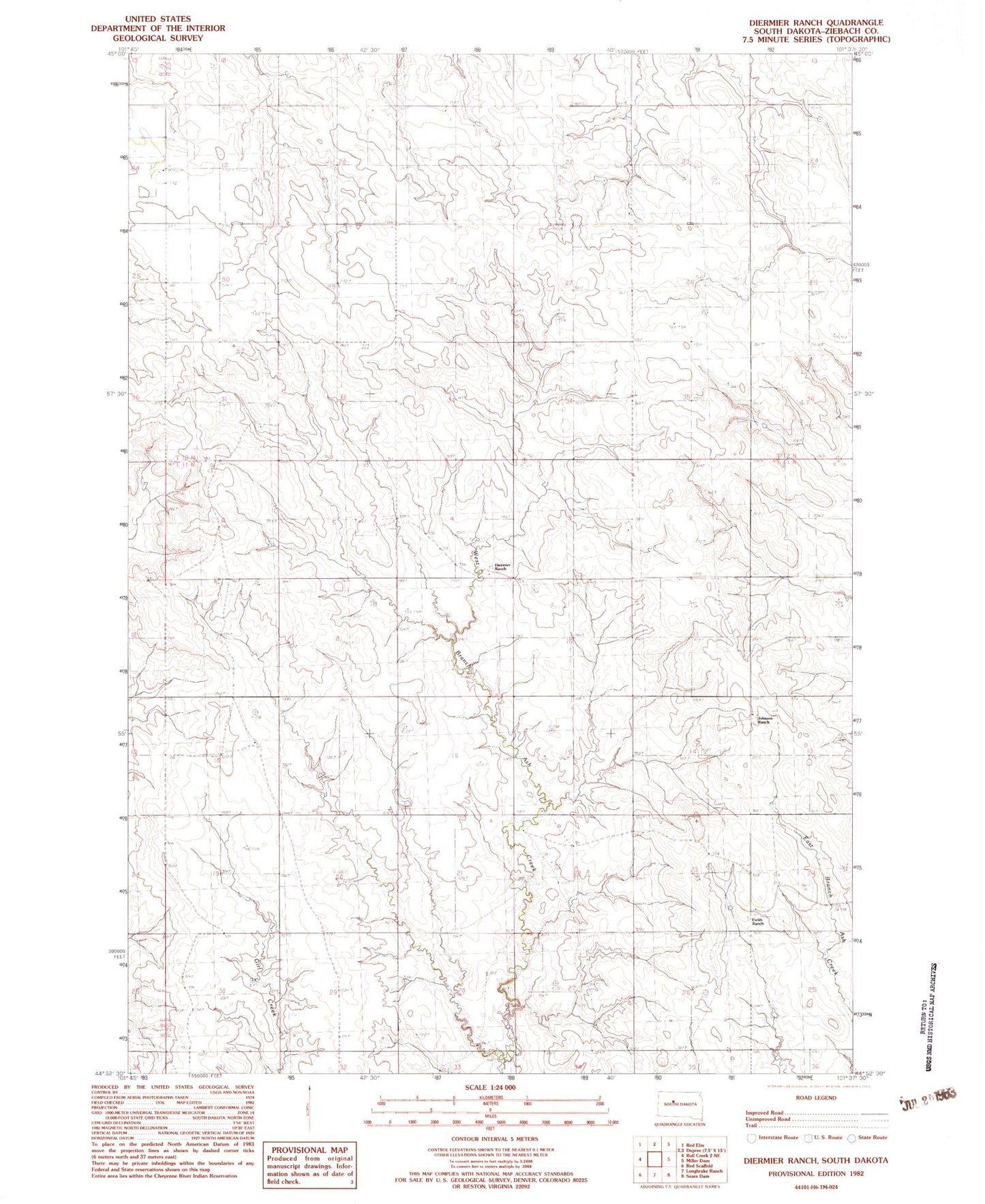 Classic USGS Diermier Ranch South Dakota 7.5'x7.5' Topo Map Image