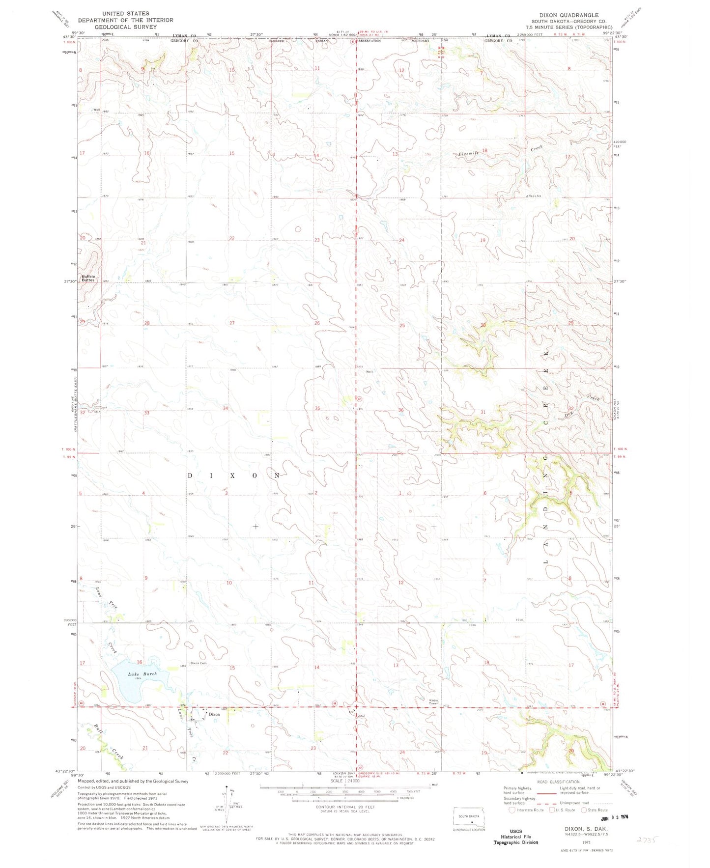 Classic USGS Dixon South Dakota 7.5'x7.5' Topo Map Image