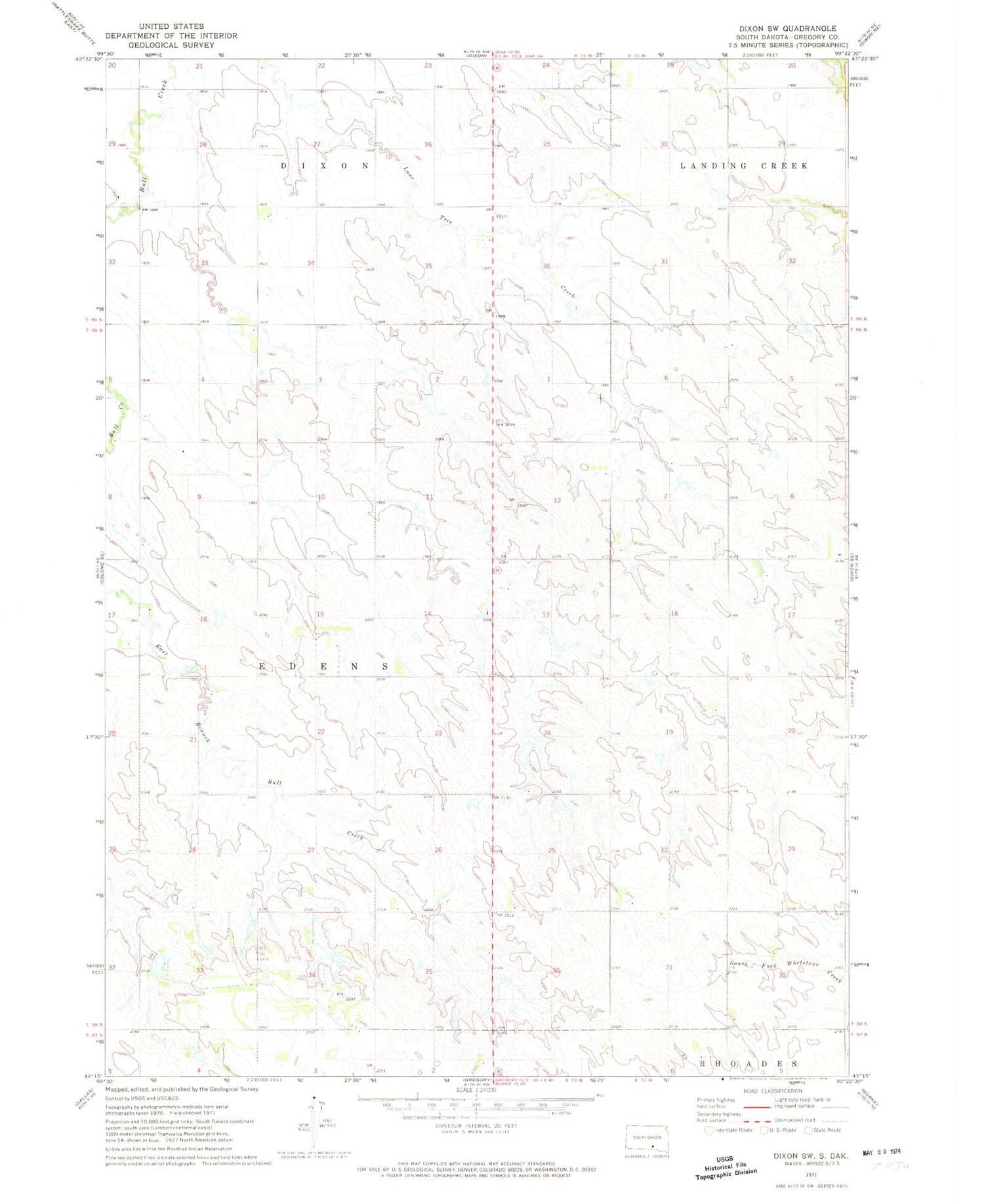 Classic USGS Dixon SW South Dakota 7.5'x7.5' Topo Map Image