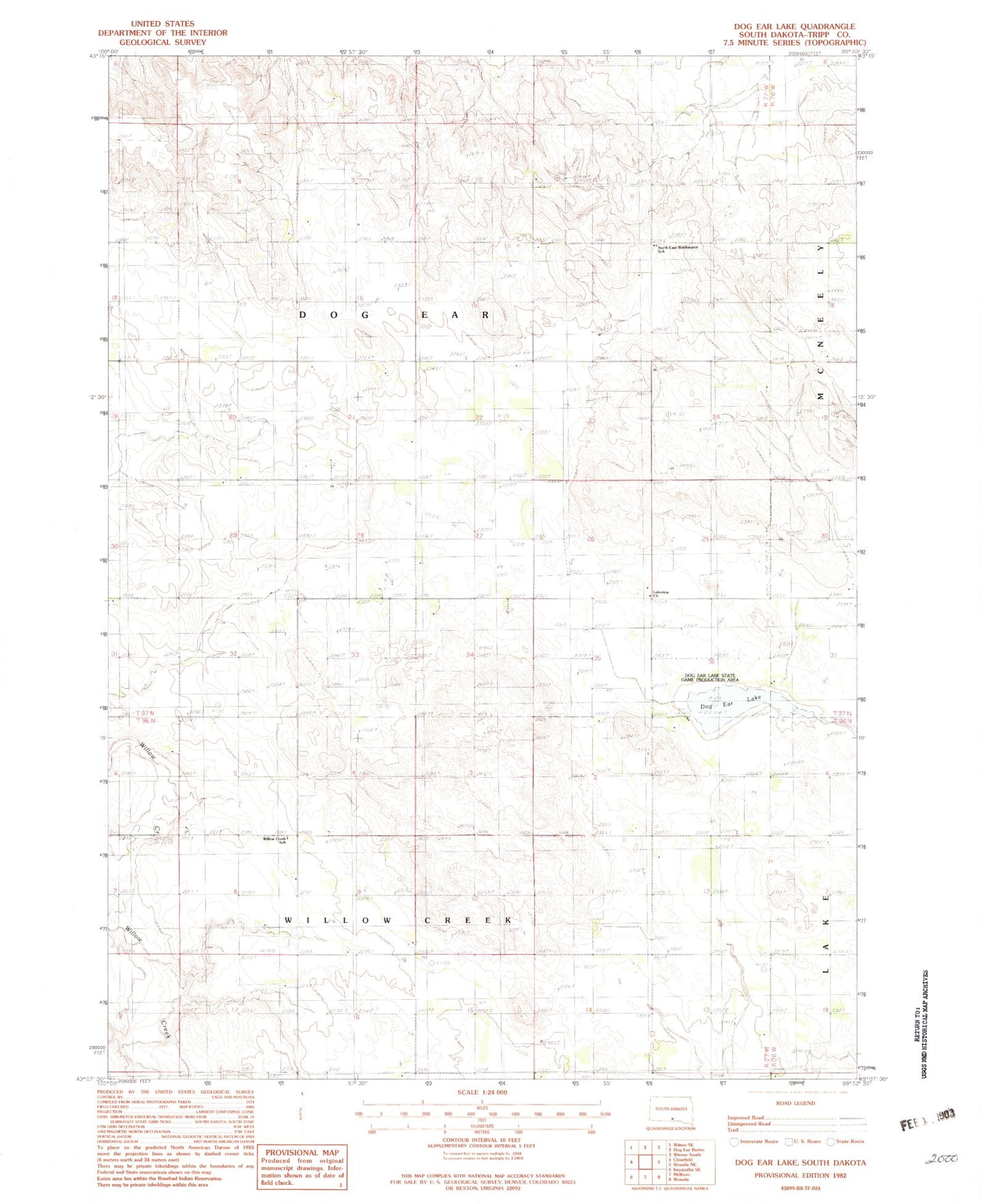 Classic USGS Dog Ear Lake South Dakota 7.5'x7.5' Topo Map Image