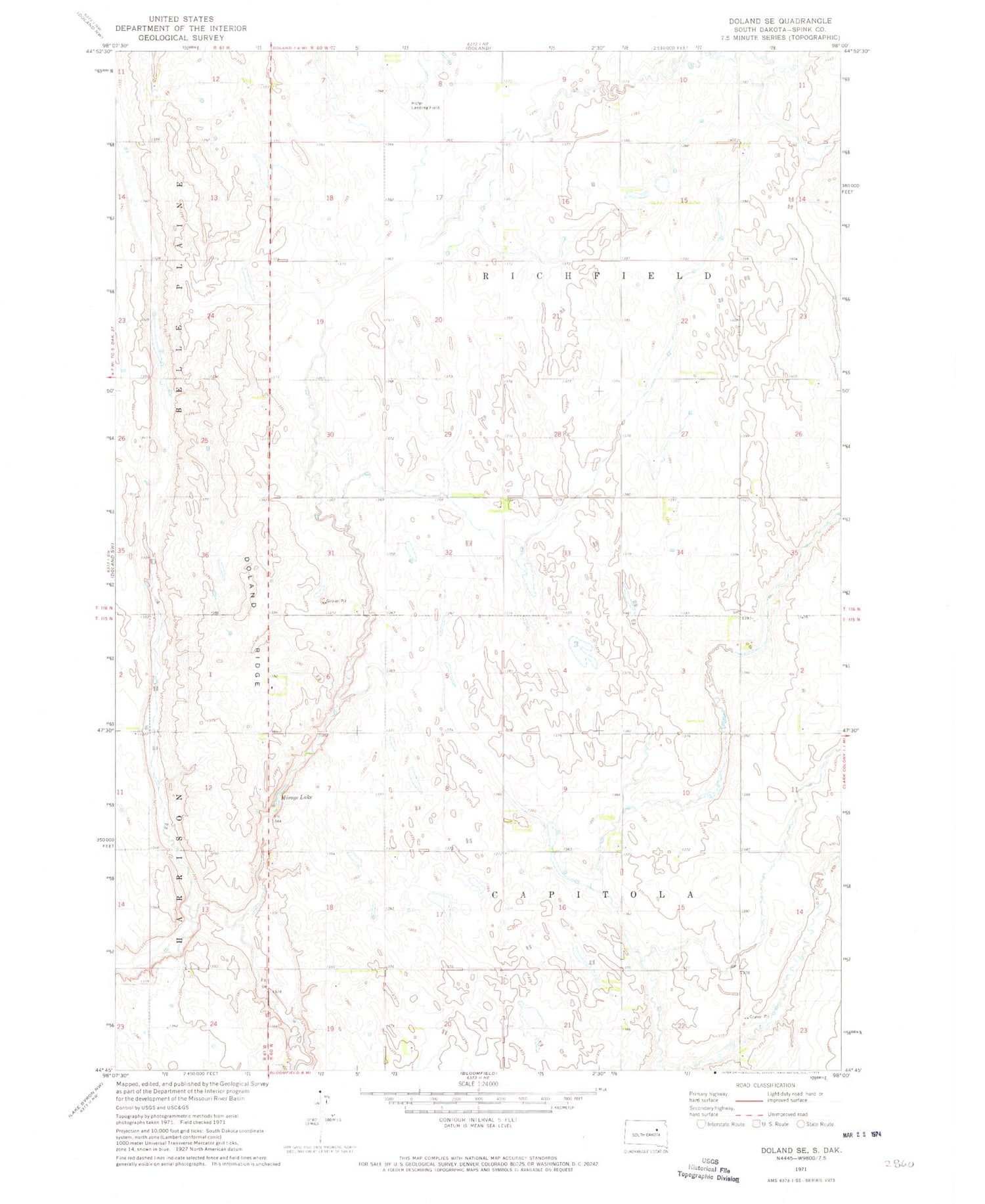 Classic USGS Doland SE South Dakota 7.5'x7.5' Topo Map Image