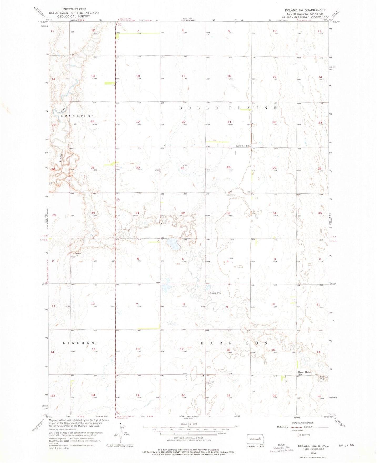 Classic USGS Doland SW South Dakota 7.5'x7.5' Topo Map Image