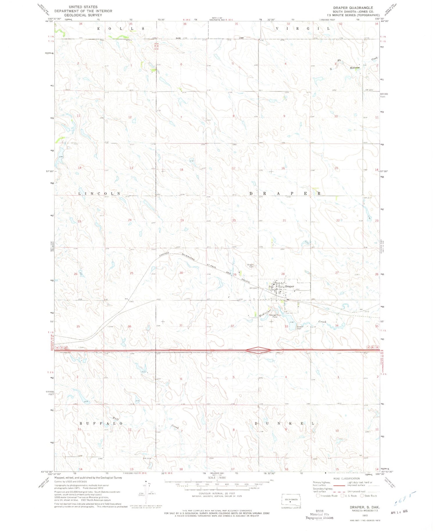 Classic USGS Draper South Dakota 7.5'x7.5' Topo Map Image