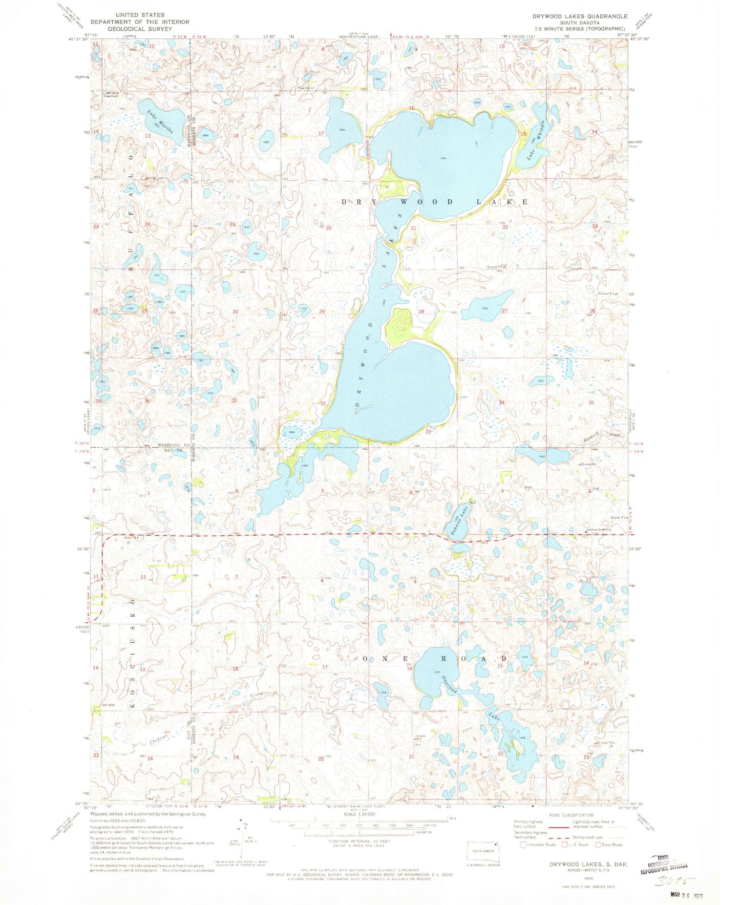 Classic USGS Drywood Lakes South Dakota 7.5'x7.5' Topo Map Image