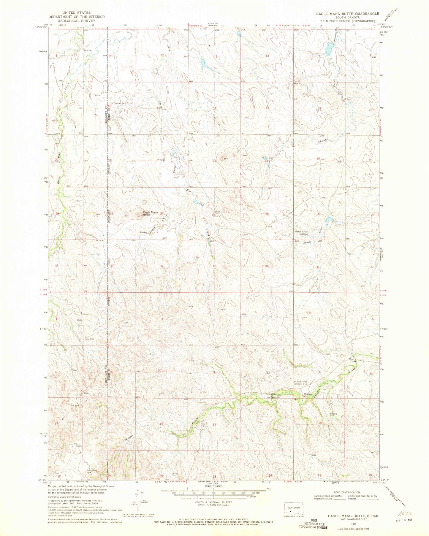 Classic USGS Eagle Mans Butte South Dakota 7.5'x7.5' Topo Map Image