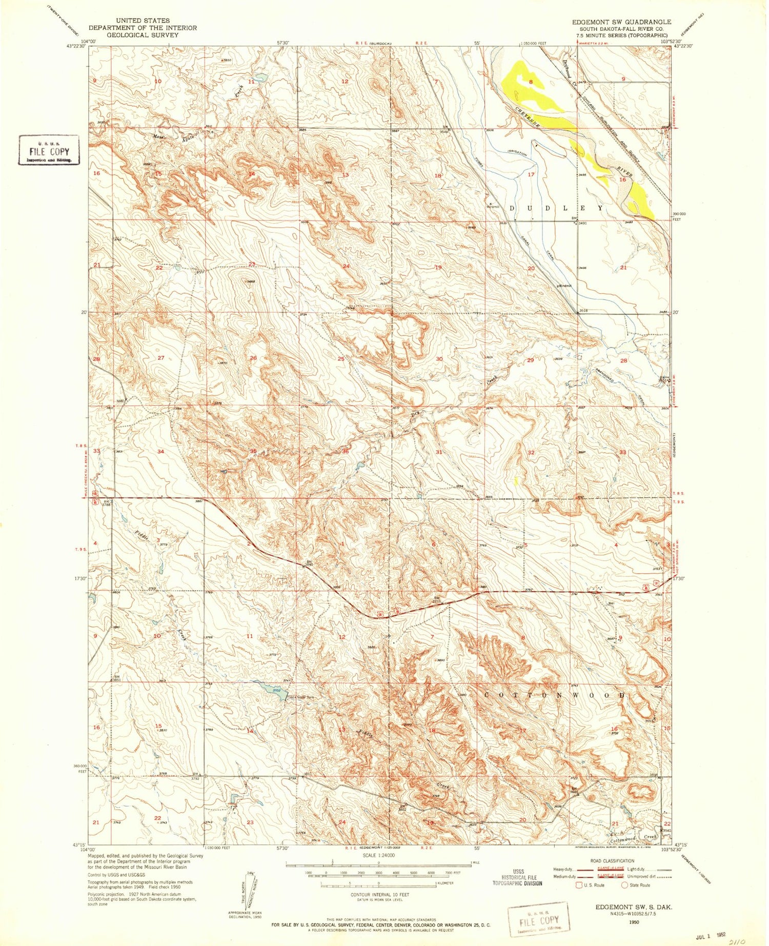 Classic USGS Edgemont SW South Dakota 7.5'x7.5' Topo Map Image