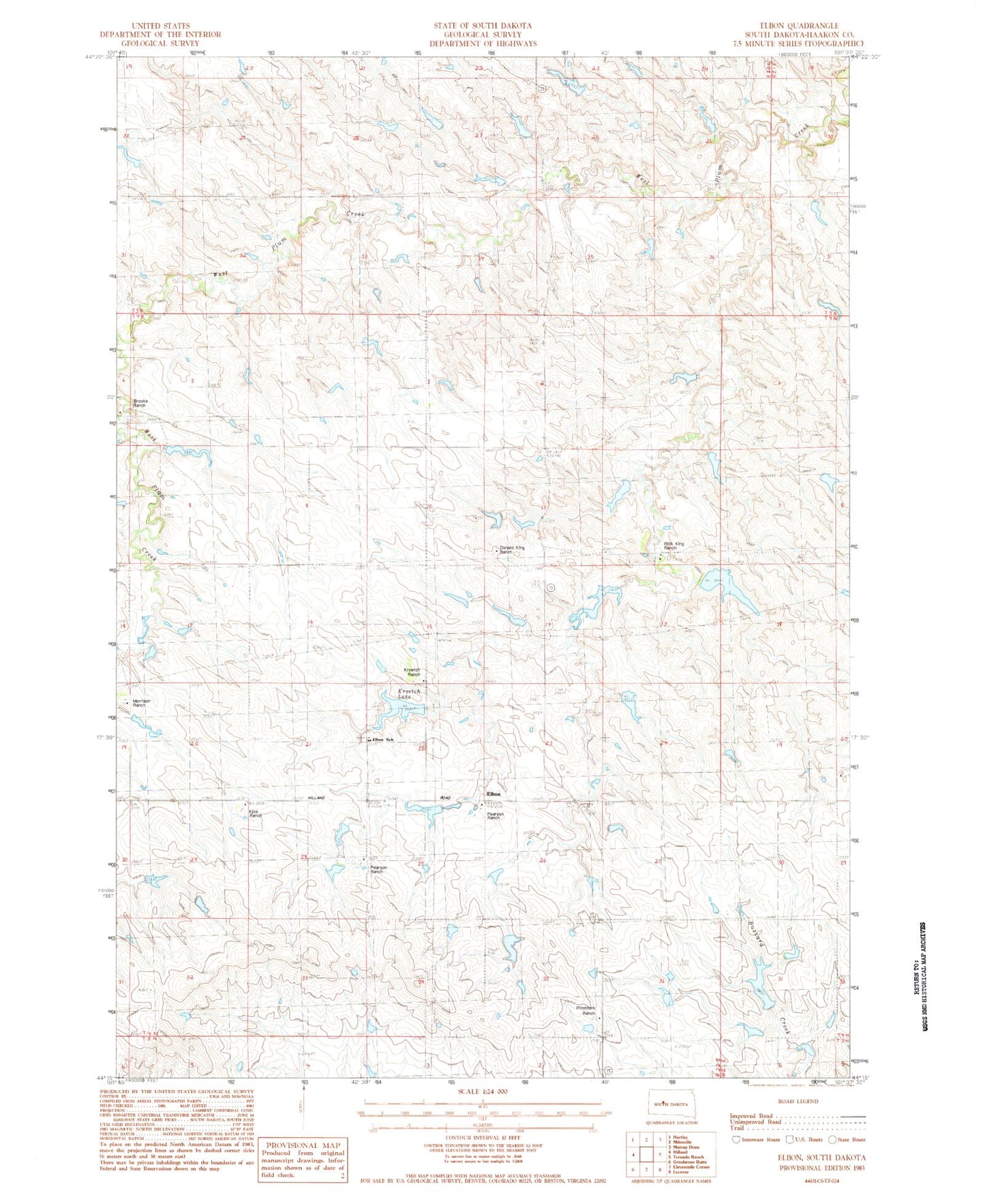 Classic USGS Elbon South Dakota 7.5'x7.5' Topo Map Image