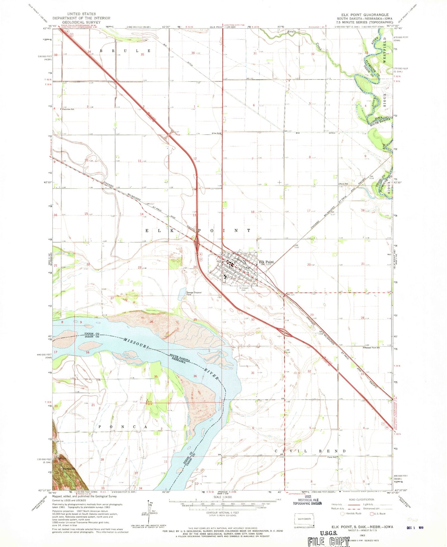 Classic USGS Elk Point South Dakota 7.5'x7.5' Topo Map Image