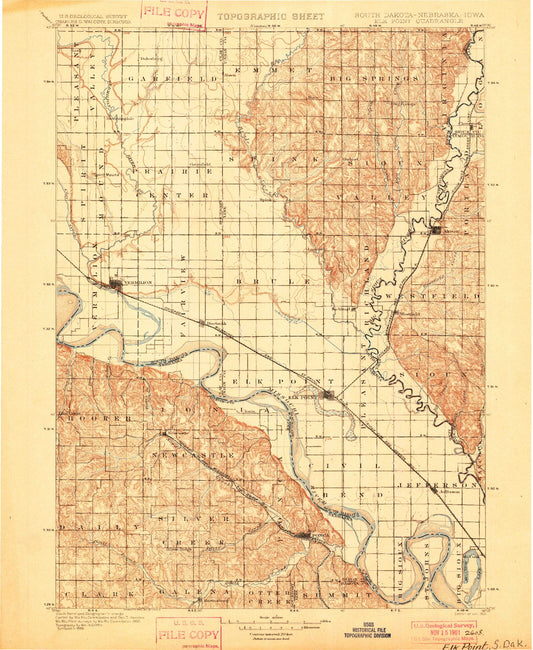 Historic 1901 Elk Point South Dakota 30'x30' Topo Map Image
