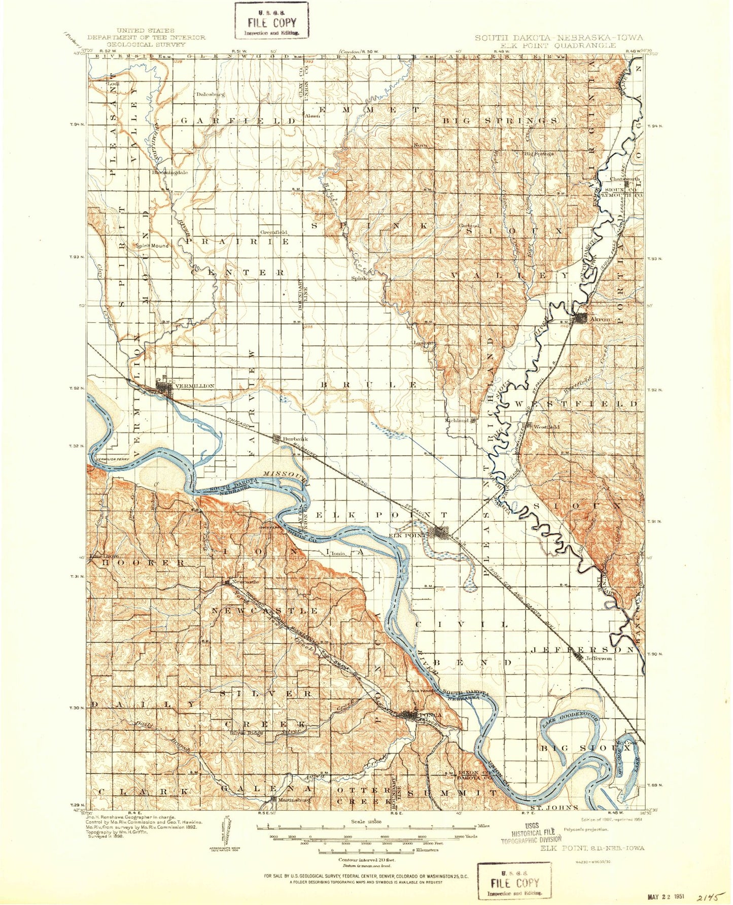 Historic 1907 Elk Point South Dakota 30'x30' Topo Map Image