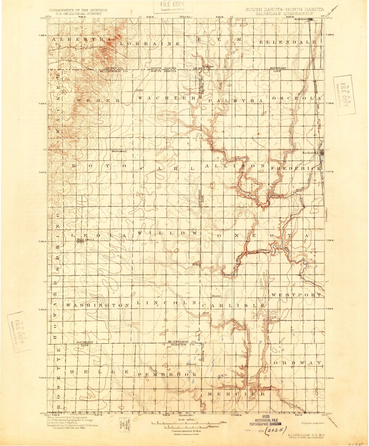 Historic 1899 Ellendale North Dakota 30'x30' Topo Map Image