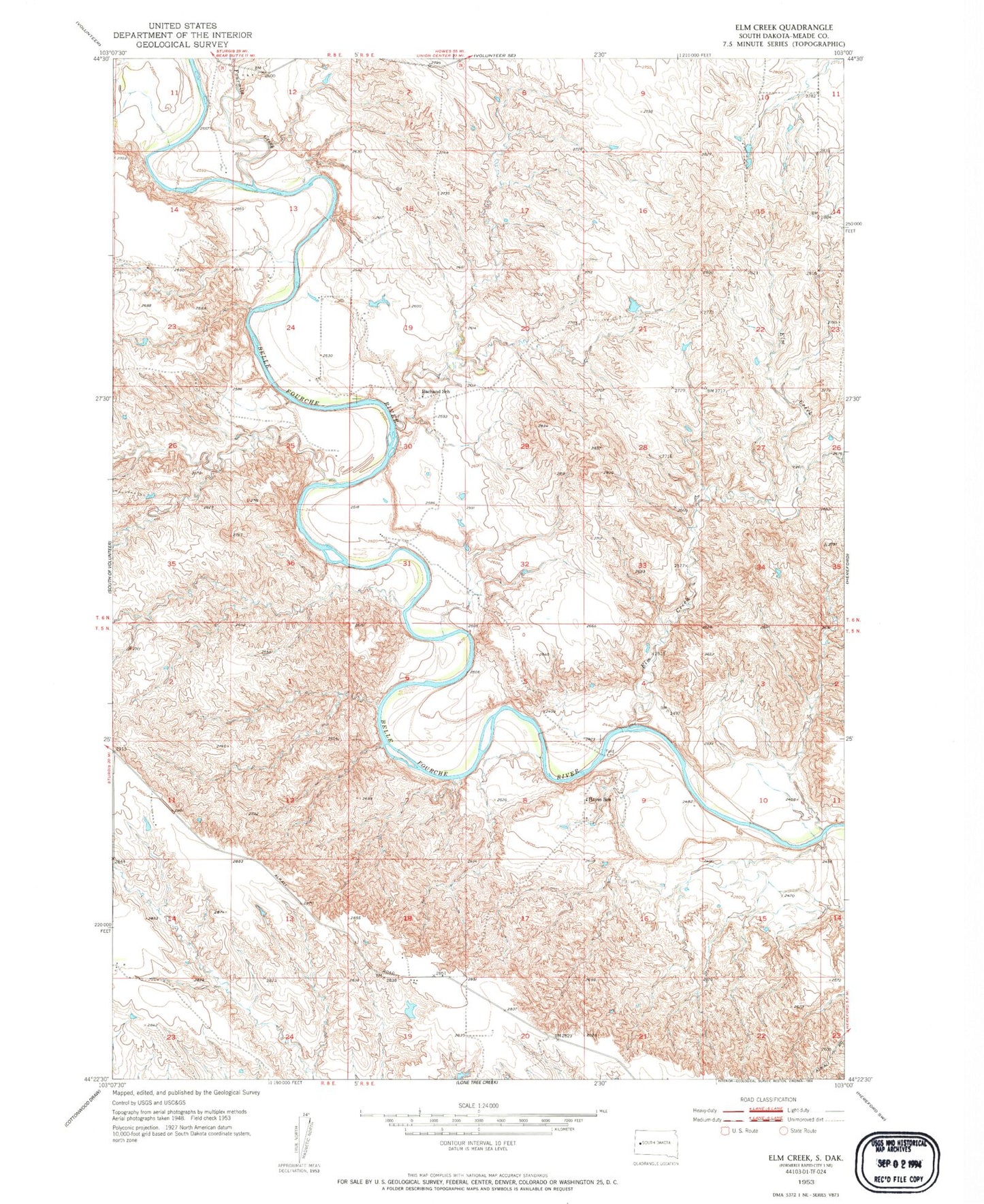 Classic USGS Elm Creek South Dakota 7.5'x7.5' Topo Map Image