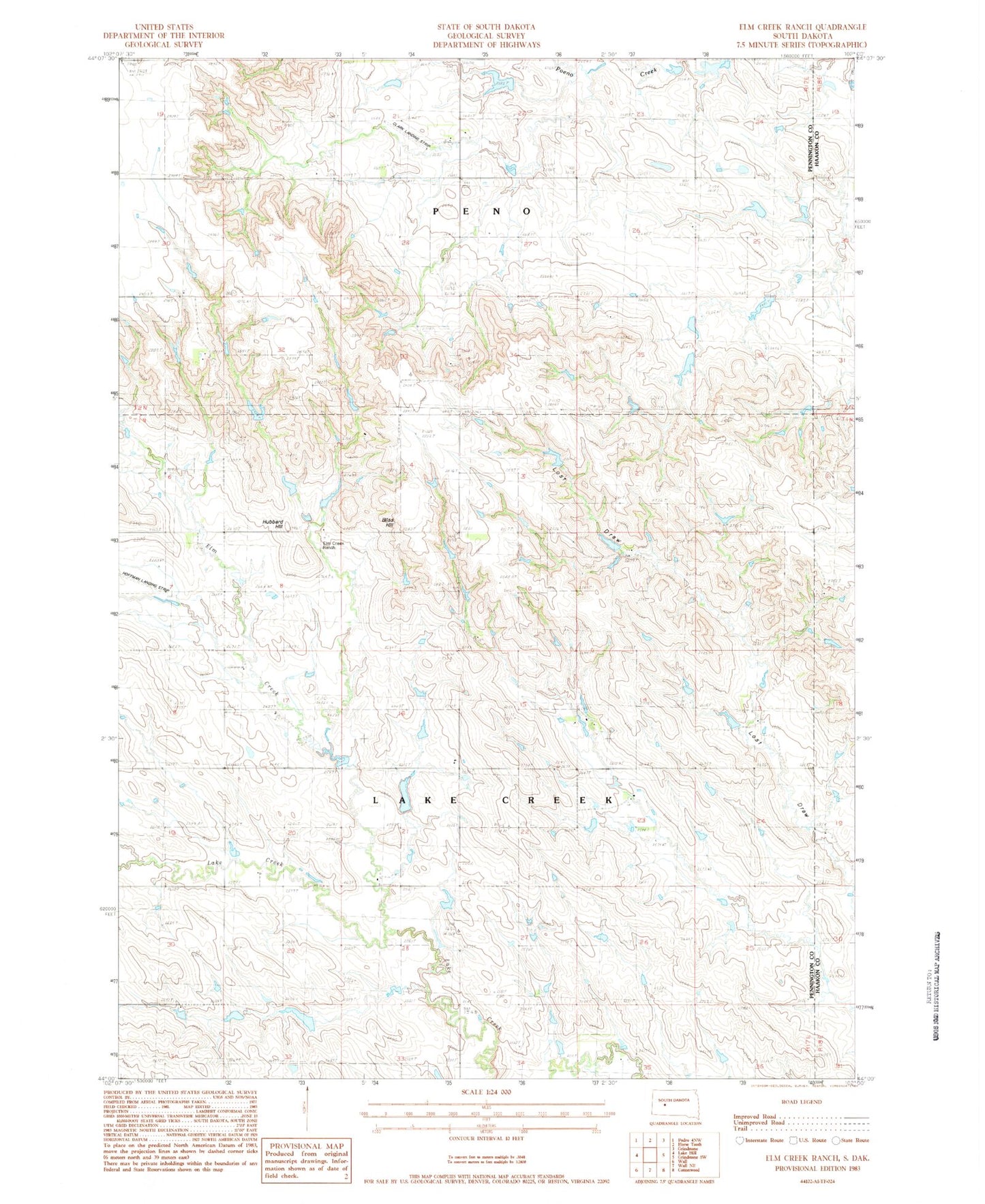 Classic USGS Elm Creek Ranch South Dakota 7.5'x7.5' Topo Map Image