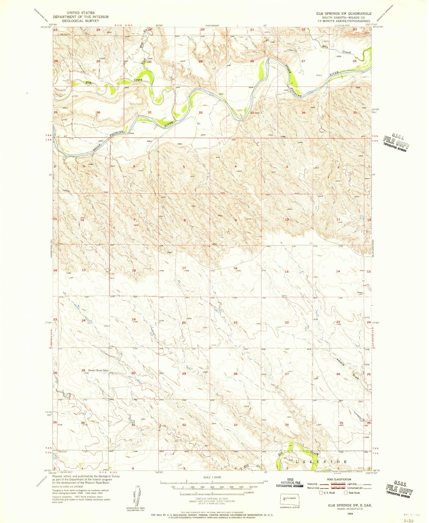 Classic USGS Elm Springs SW South Dakota 7.5'x7.5' Topo Map Image