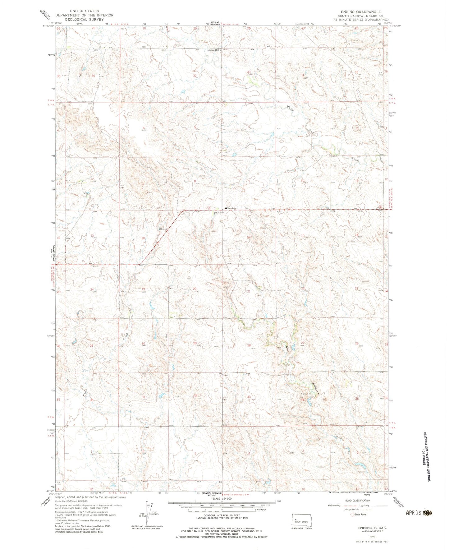 Classic USGS Enning South Dakota 7.5'x7.5' Topo Map Image