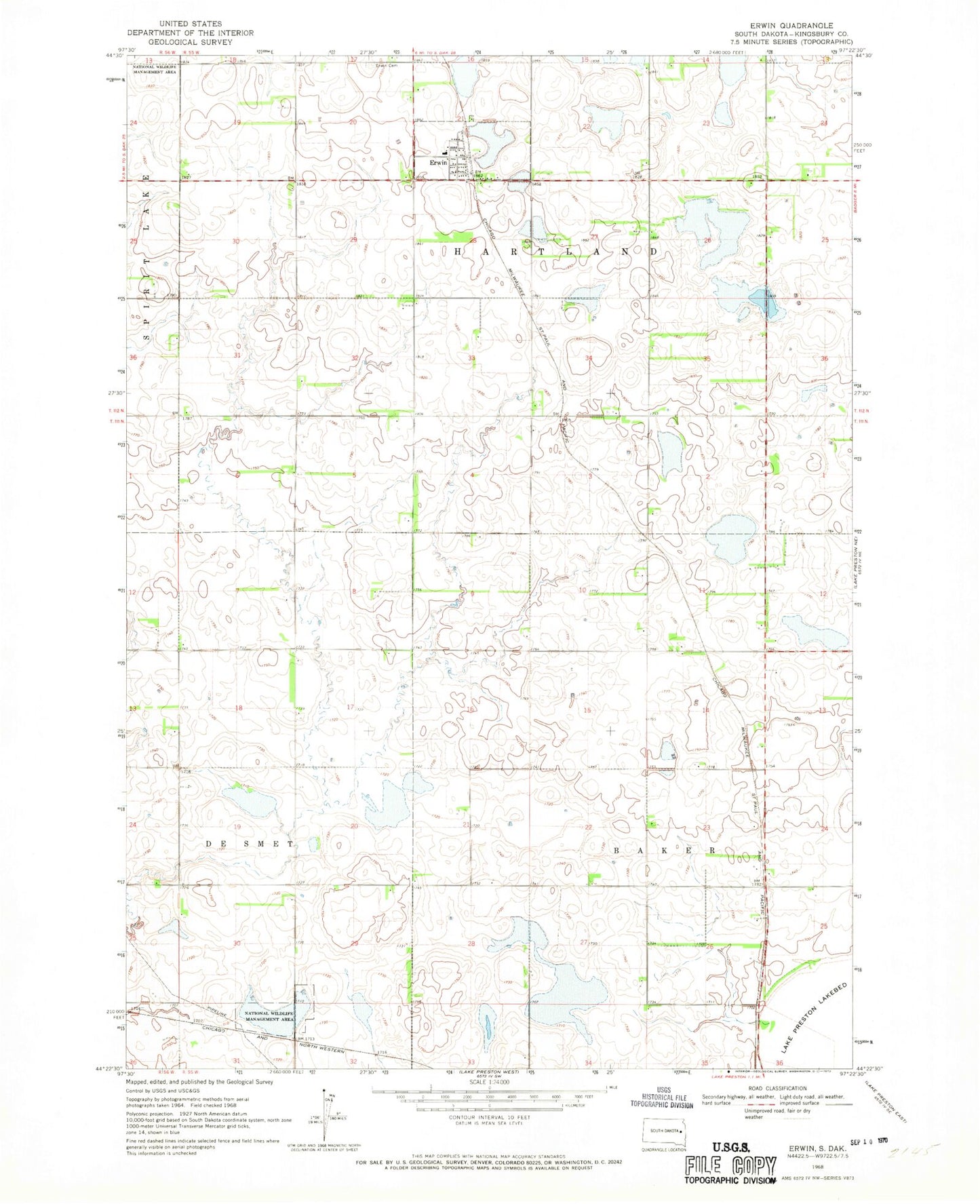 Classic USGS Erwin South Dakota 7.5'x7.5' Topo Map Image