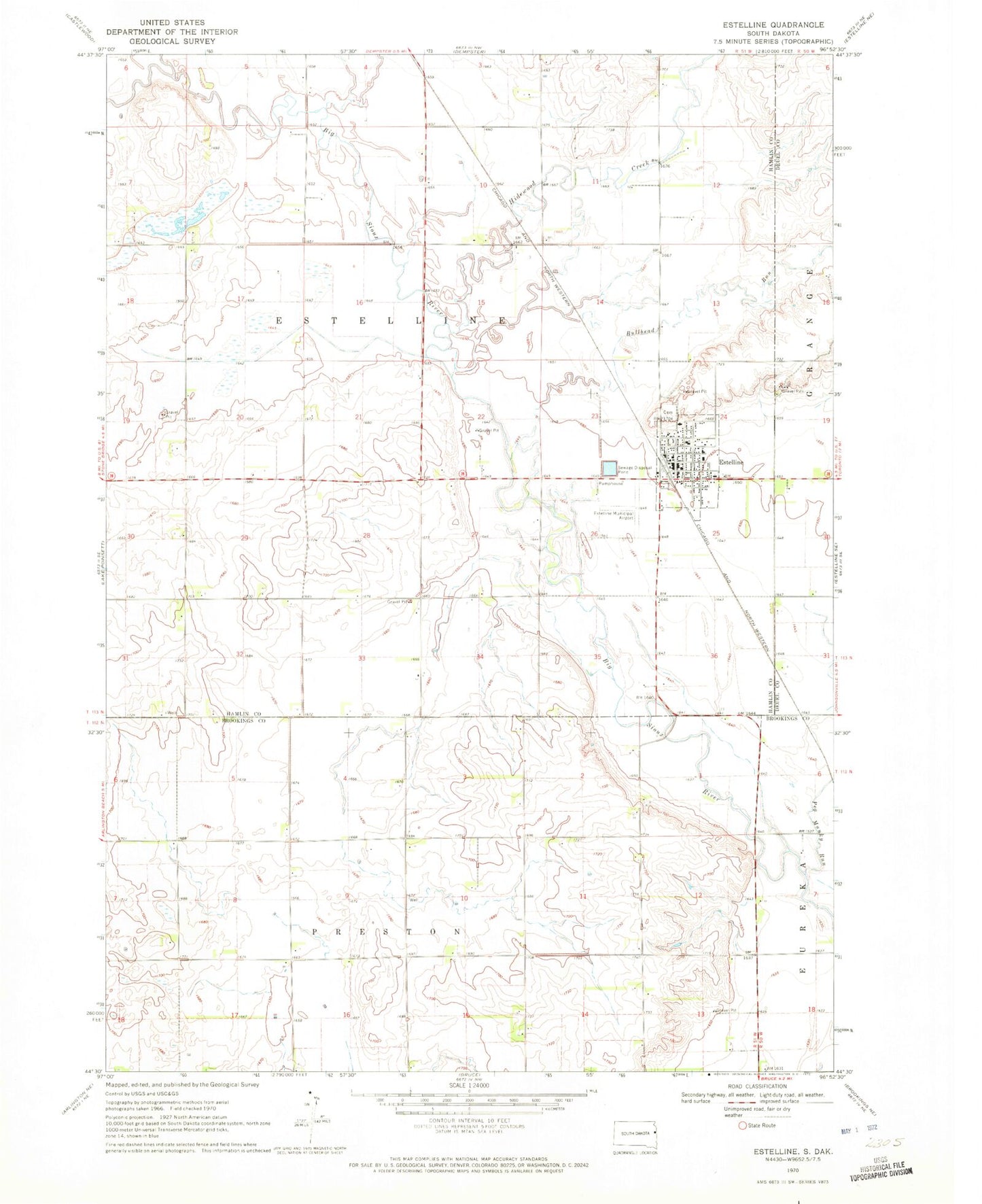Classic USGS Estelline South Dakota 7.5'x7.5' Topo Map Image