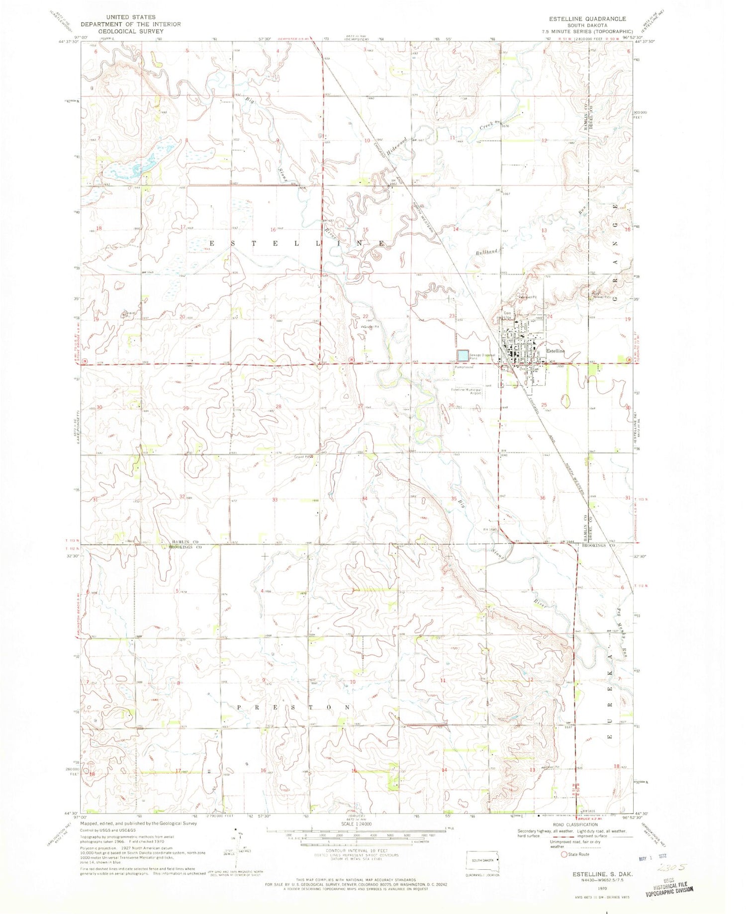 Classic USGS Estelline South Dakota 7.5'x7.5' Topo Map Image