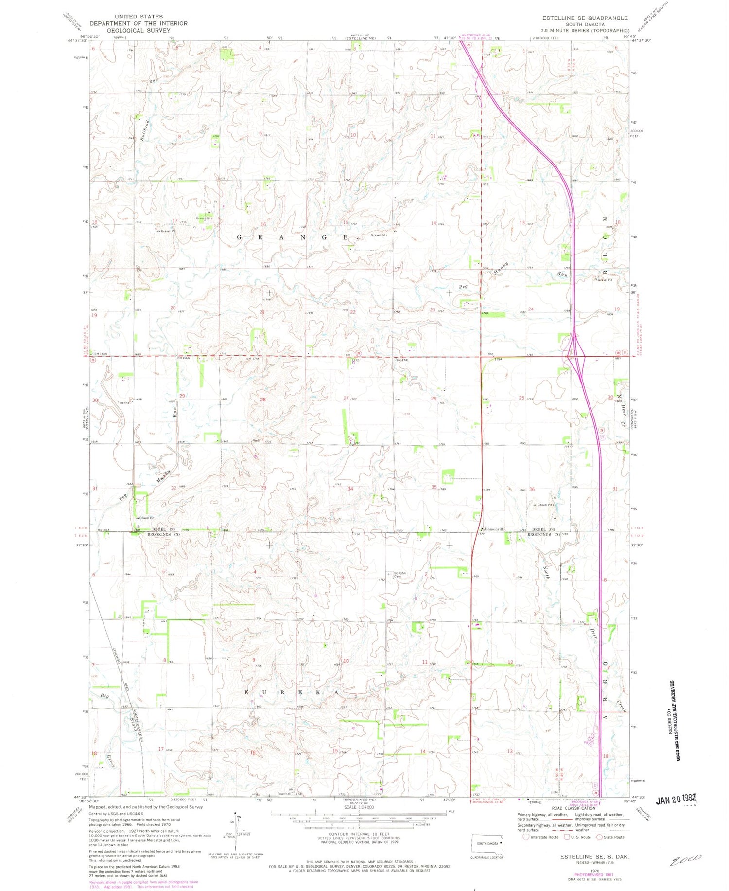 Classic USGS Estelline SE South Dakota 7.5'x7.5' Topo Map Image