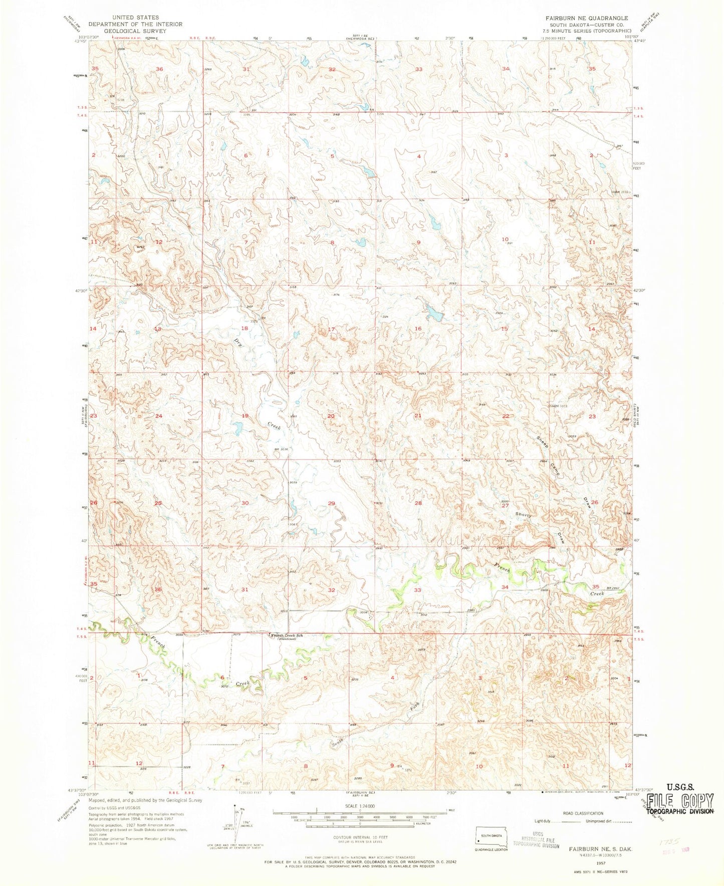 Classic USGS Fairburn NE South Dakota 7.5'x7.5' Topo Map Image