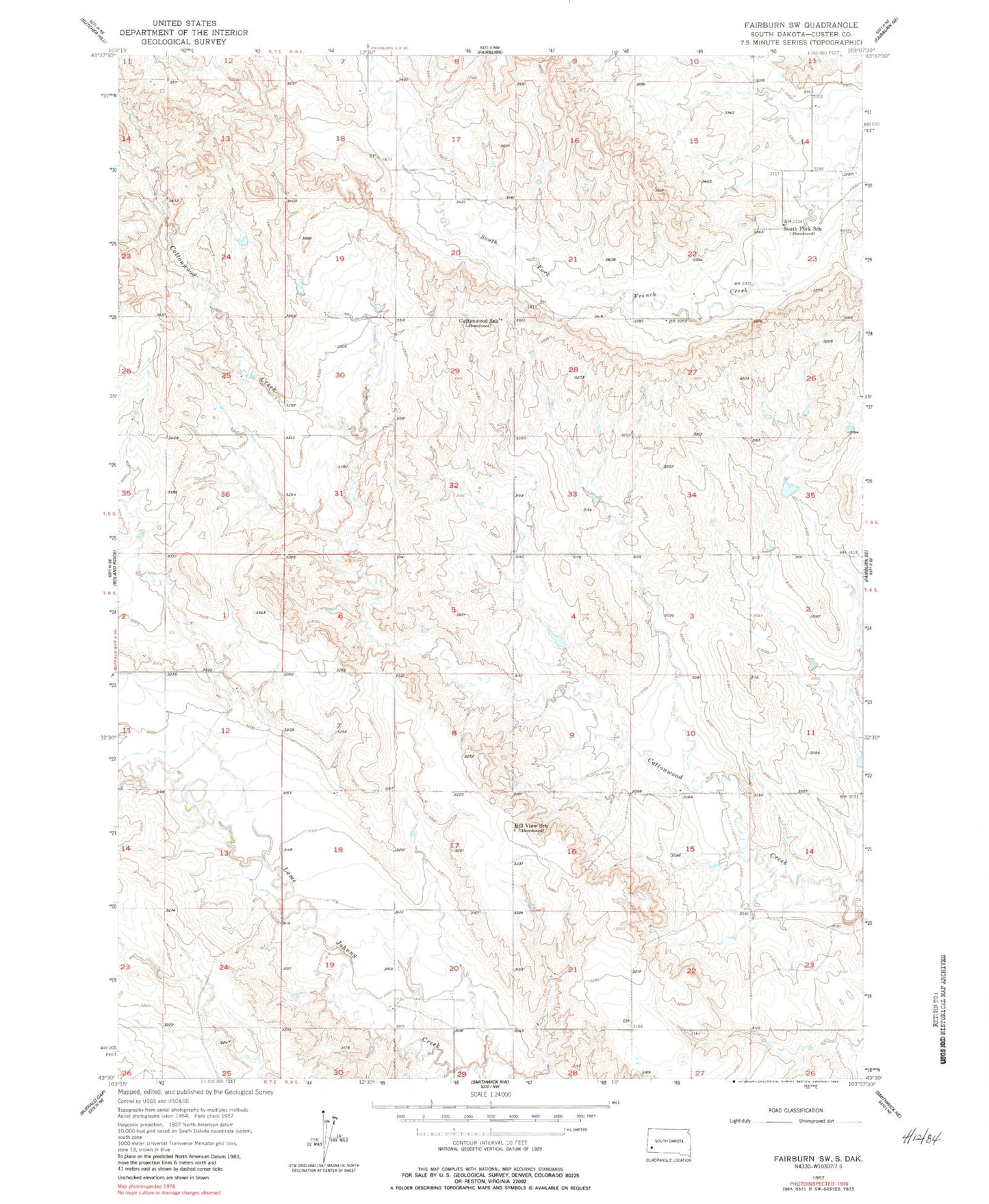 Classic USGS Fairburn SW South Dakota 7.5'x7.5' Topo Map Image