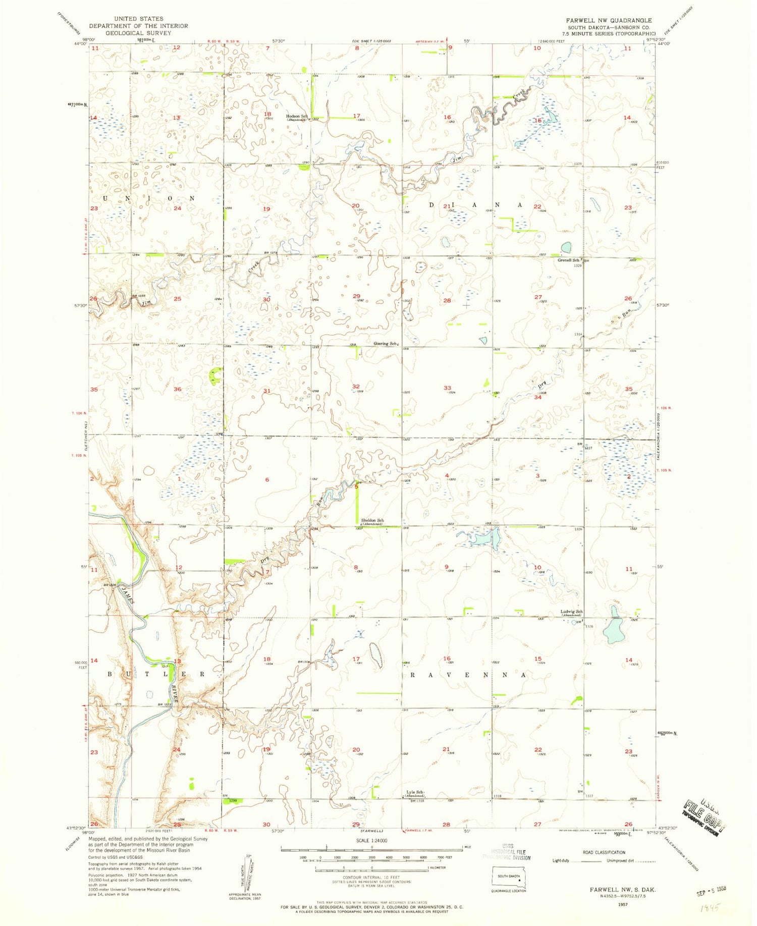 Classic USGS Farwell NW South Dakota 7.5'x7.5' Topo Map Image