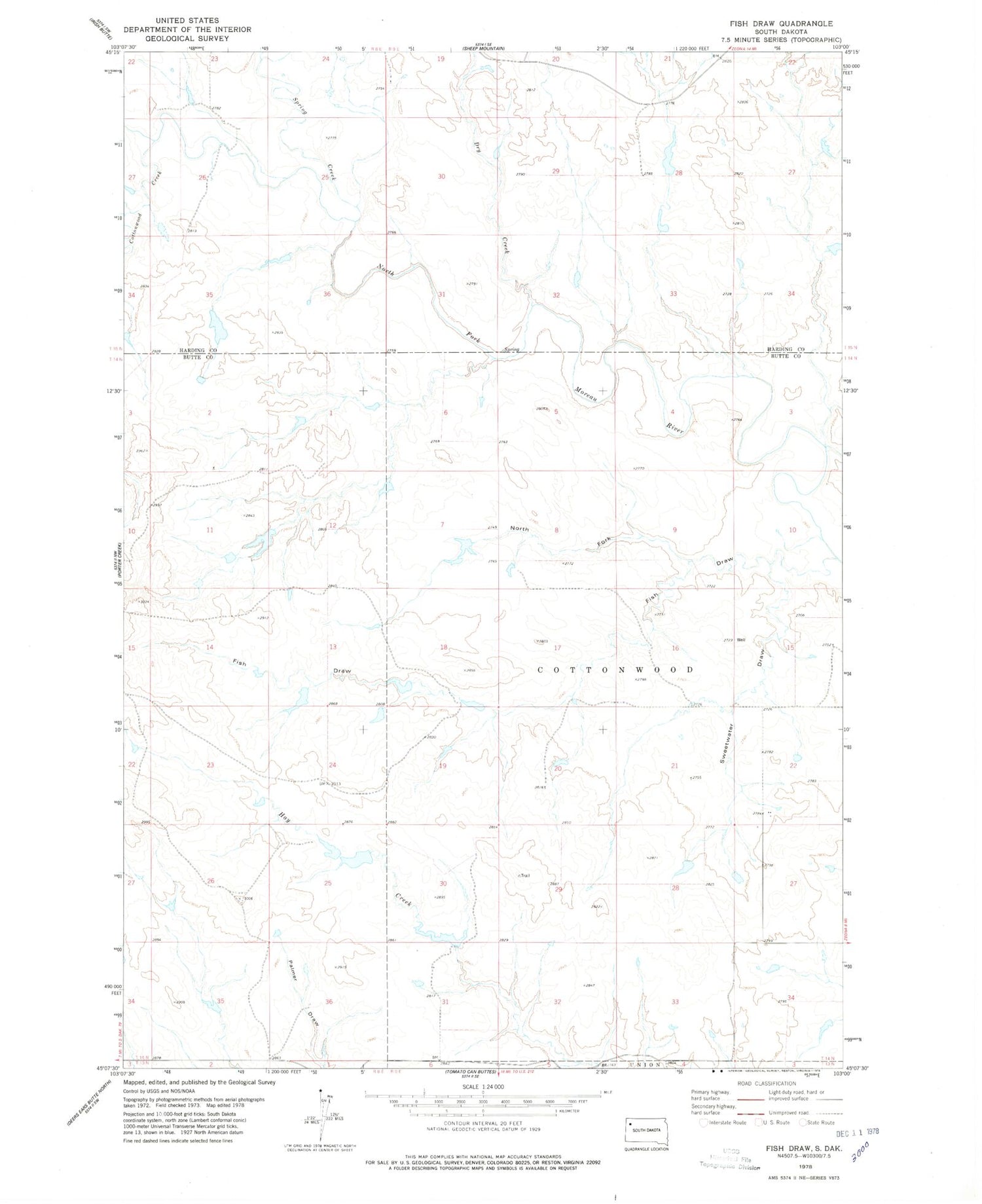Classic USGS Fish Draw South Dakota 7.5'x7.5' Topo Map Image