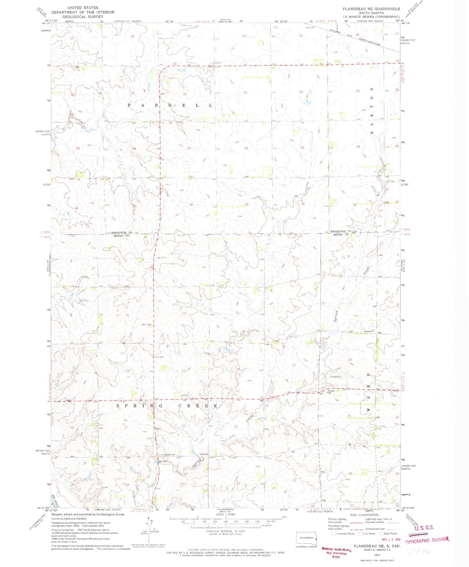 Classic USGS Flandreau NE South Dakota 7.5'x7.5' Topo Map Image