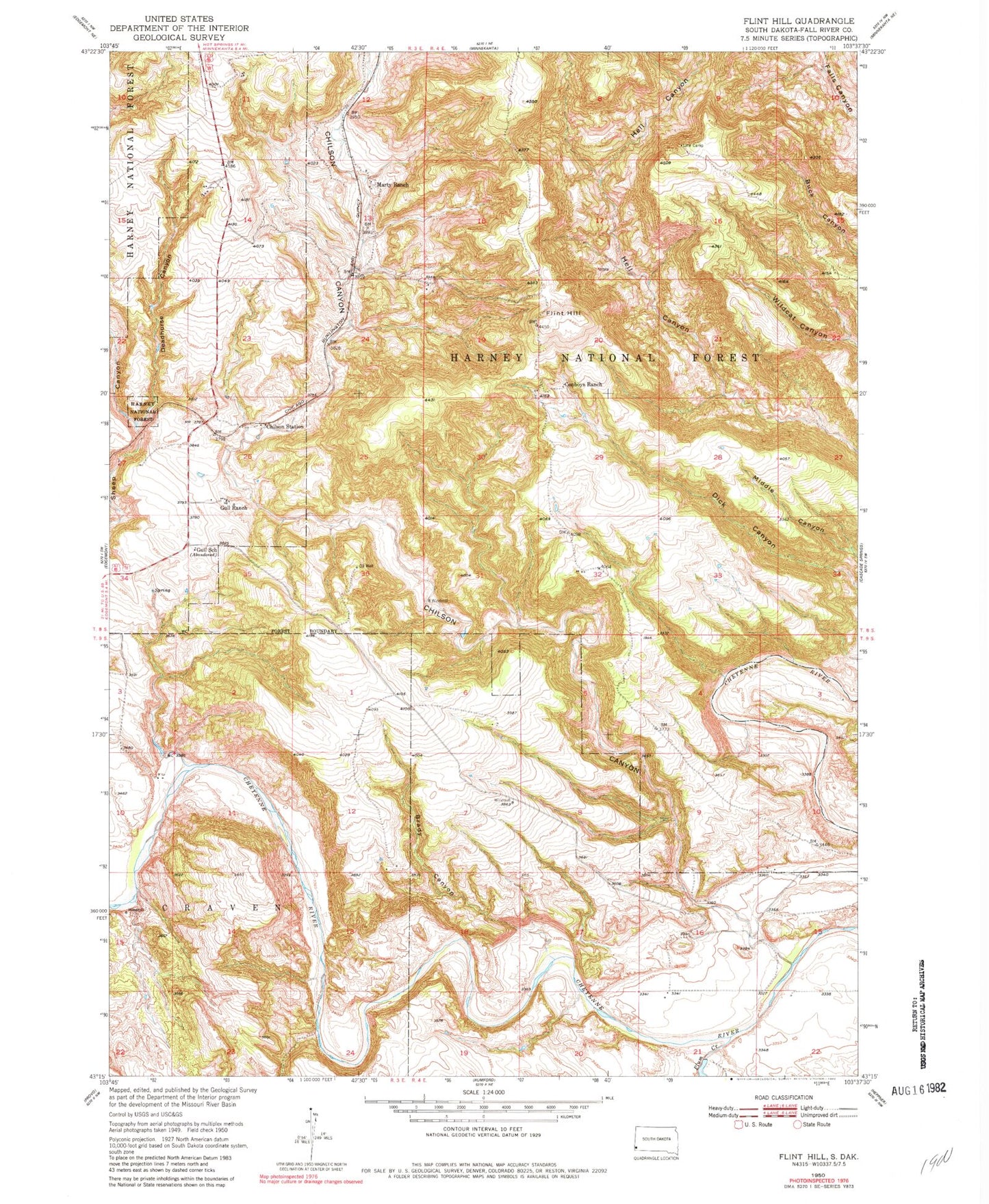 Classic USGS Flint Hill South Dakota 7.5'x7.5' Topo Map Image
