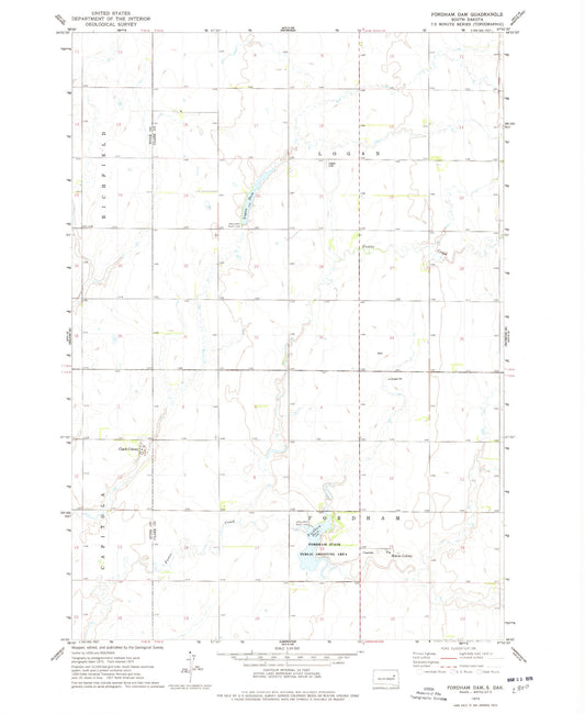 Classic USGS Fordham Dam South Dakota 7.5'x7.5' Topo Map Image