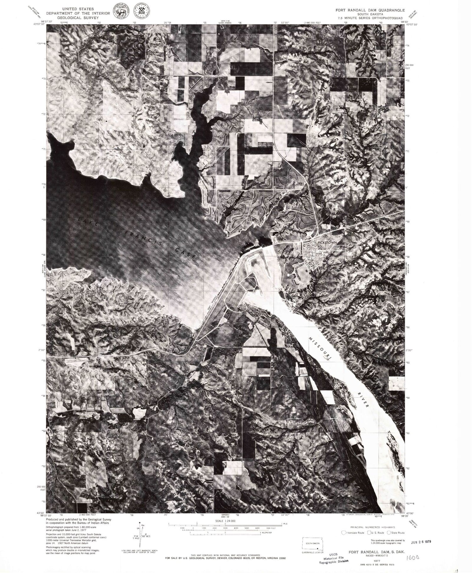 Classic USGS Fort Randall Dam South Dakota 7.5'x7.5' Topo Map Image