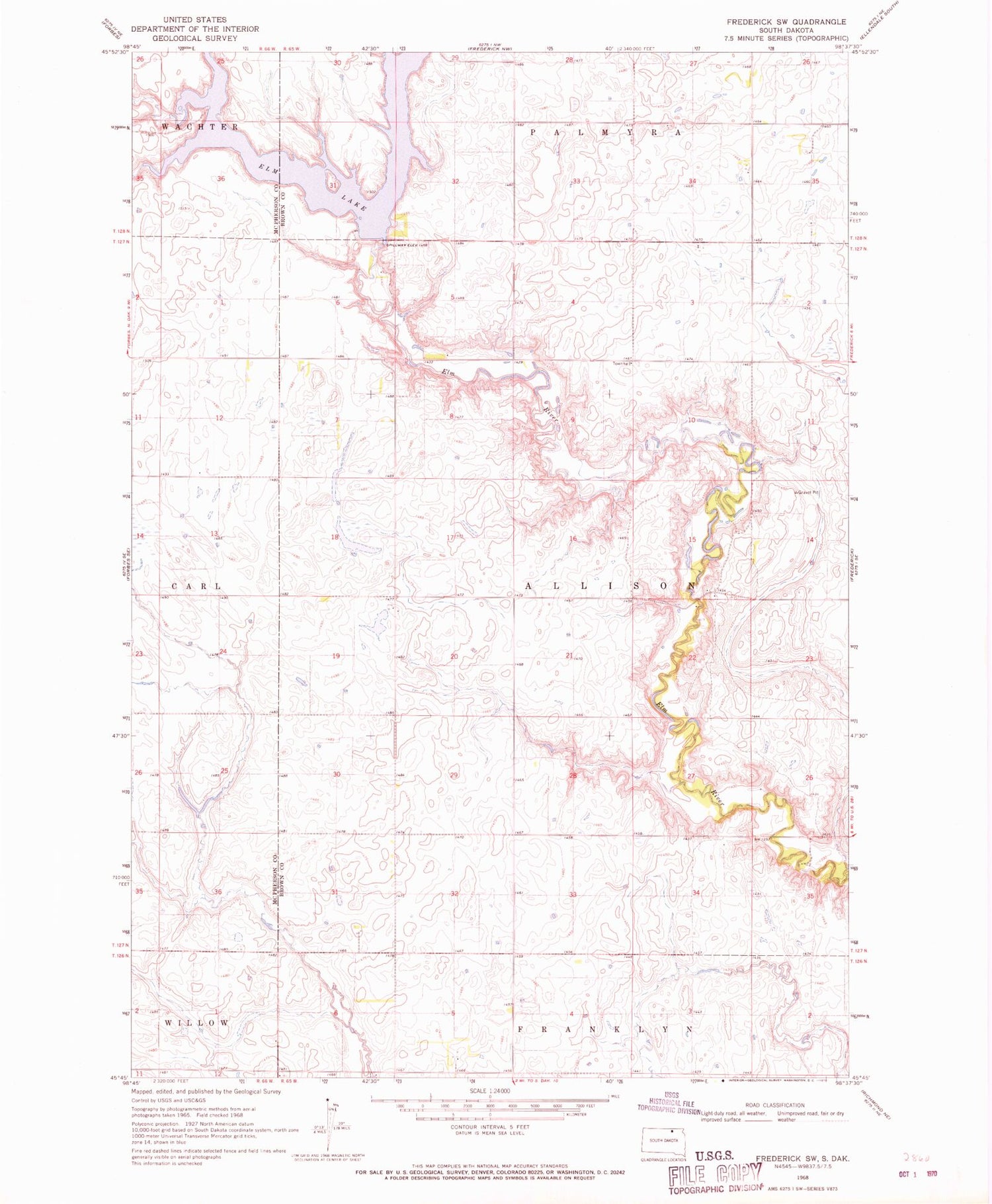 Classic USGS Frederick SW South Dakota 7.5'x7.5' Topo Map Image