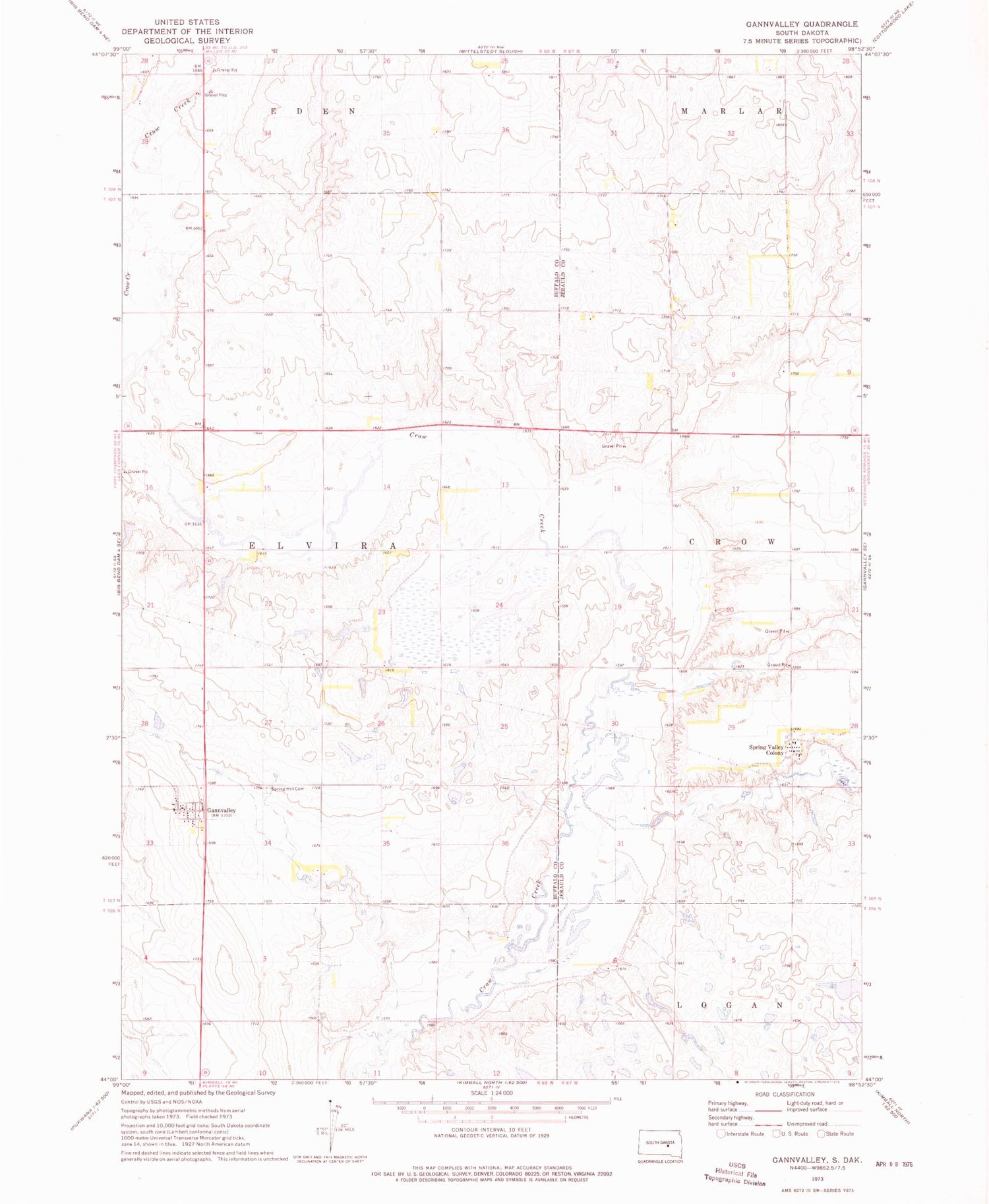 Classic USGS Gannvalley South Dakota 7.5'x7.5' Topo Map Image