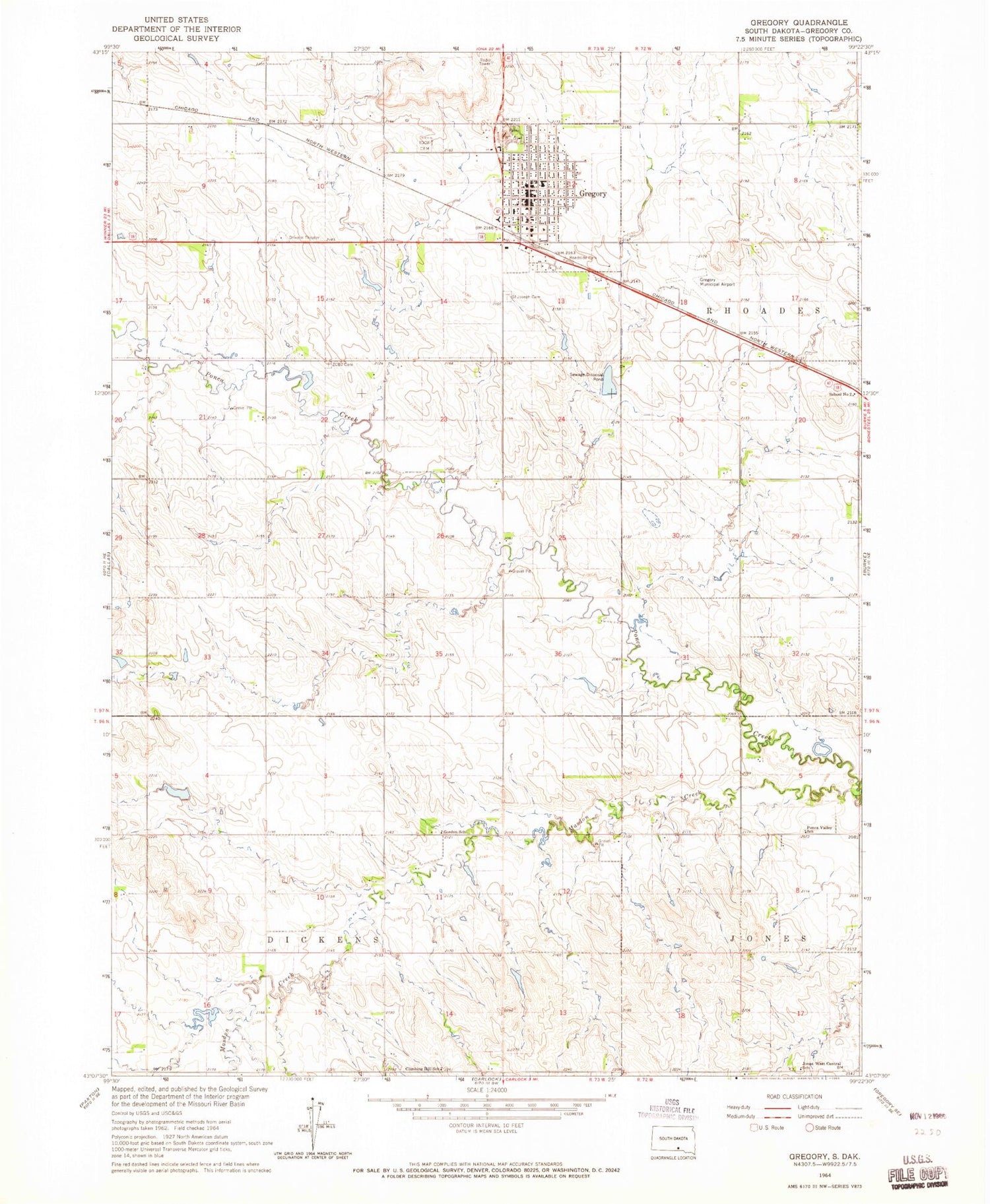 Classic USGS Gregory South Dakota 7.5'x7.5' Topo Map Image