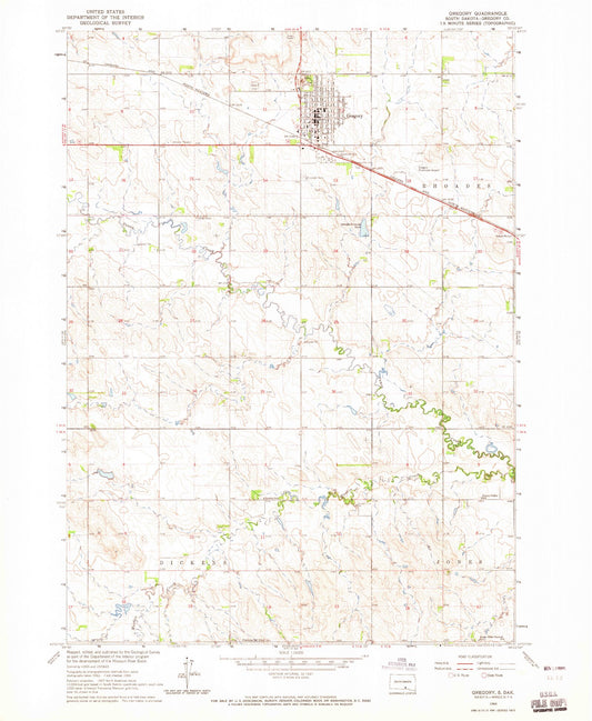 Classic USGS Gregory South Dakota 7.5'x7.5' Topo Map Image