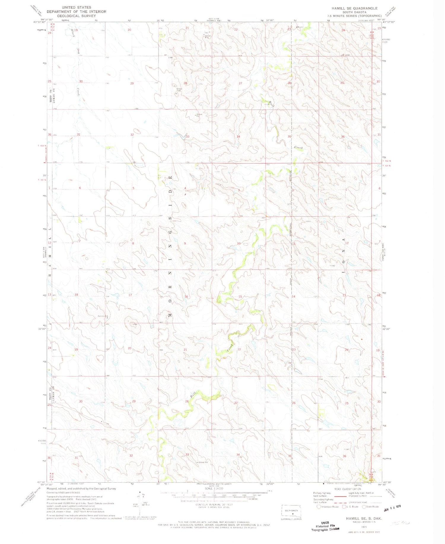 Classic USGS Hamill SE South Dakota 7.5'x7.5' Topo Map Image