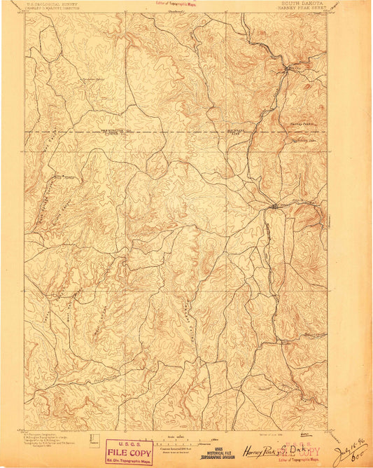 Historic 1896 Harney Peak South Dakota 30'x30' Topo Map Image