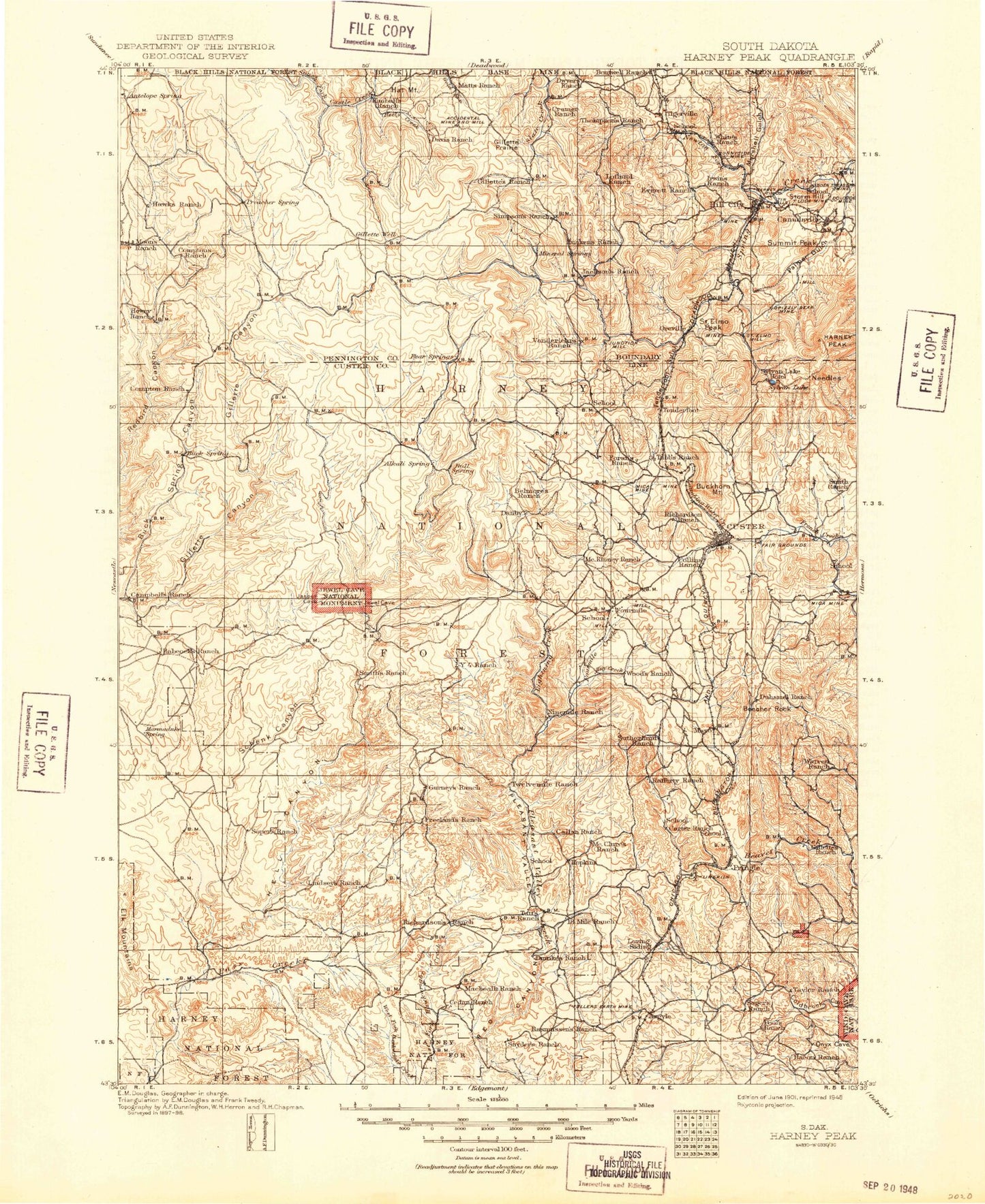 Historic 1901 Harney Peak South Dakota 30'x30' Topo Map Image