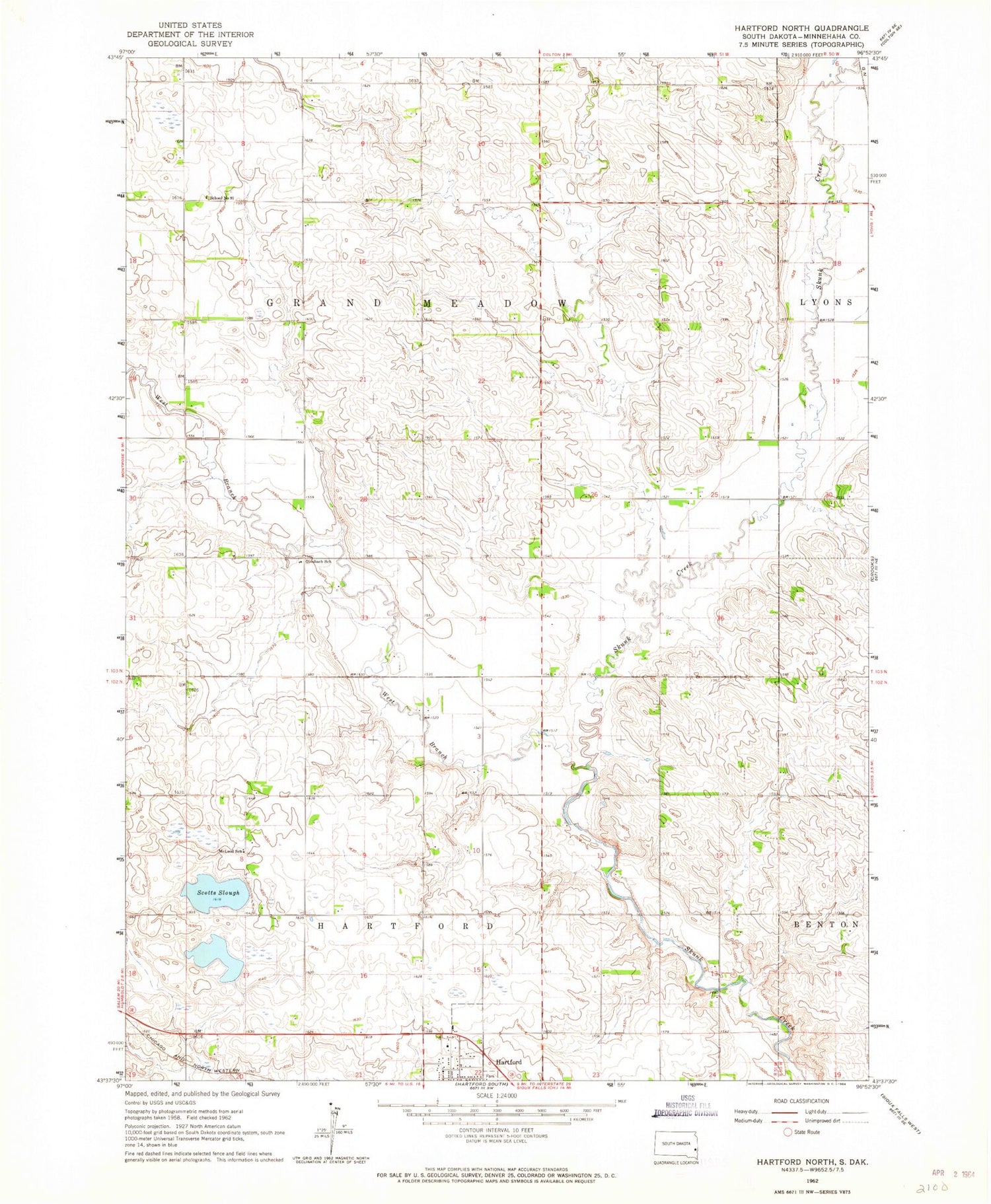 Classic USGS Hartford North South Dakota 7.5'x7.5' Topo Map Image