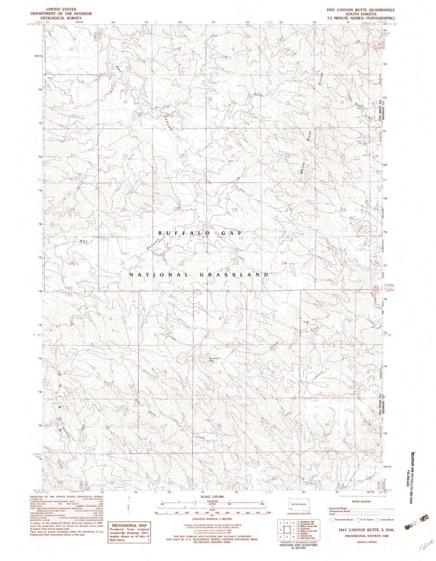 Classic USGS Hay Canyon Butte South Dakota 7.5'x7.5' Topo Map Image