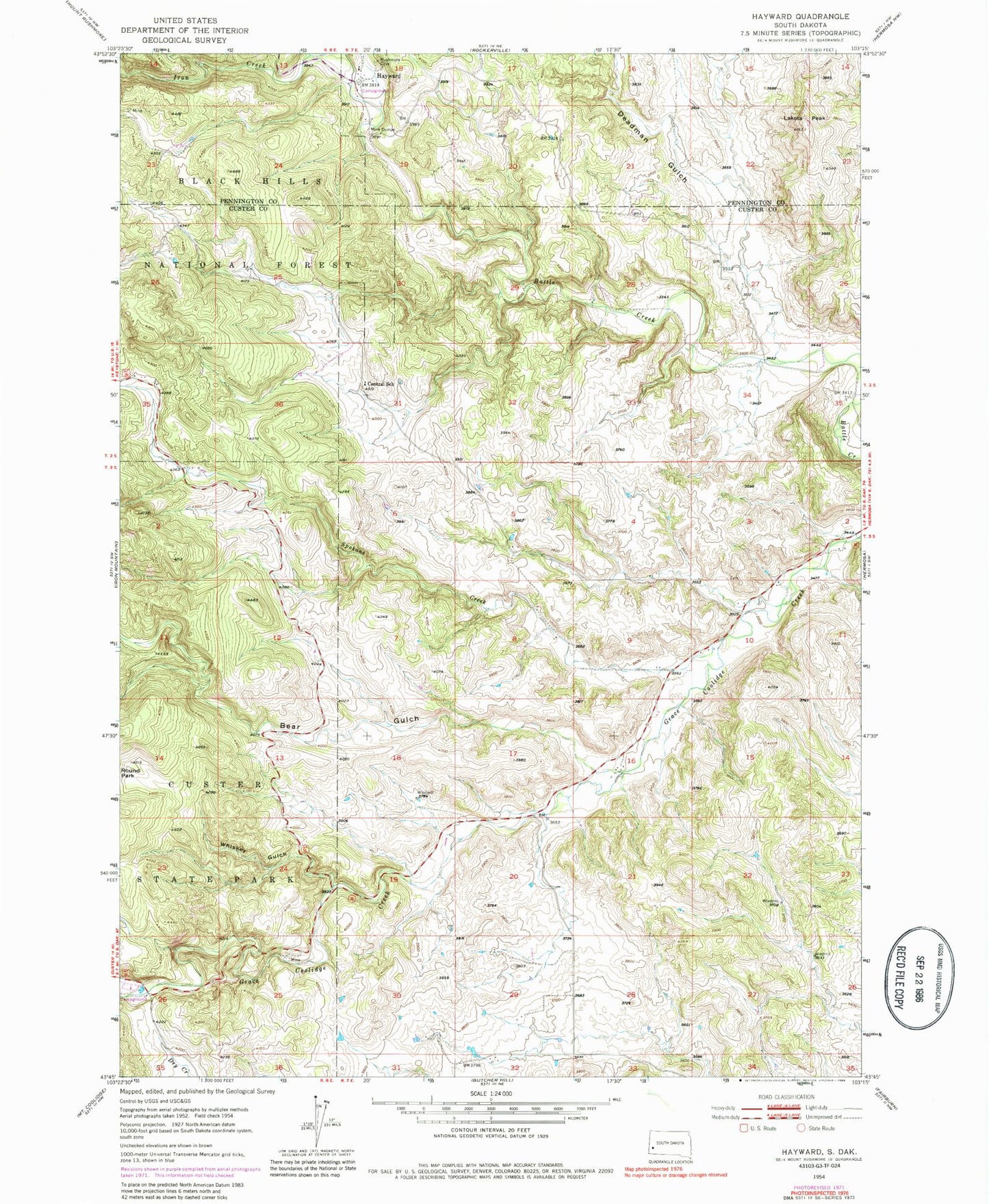 Classic USGS Hayward South Dakota 7.5'x7.5' Topo Map Image