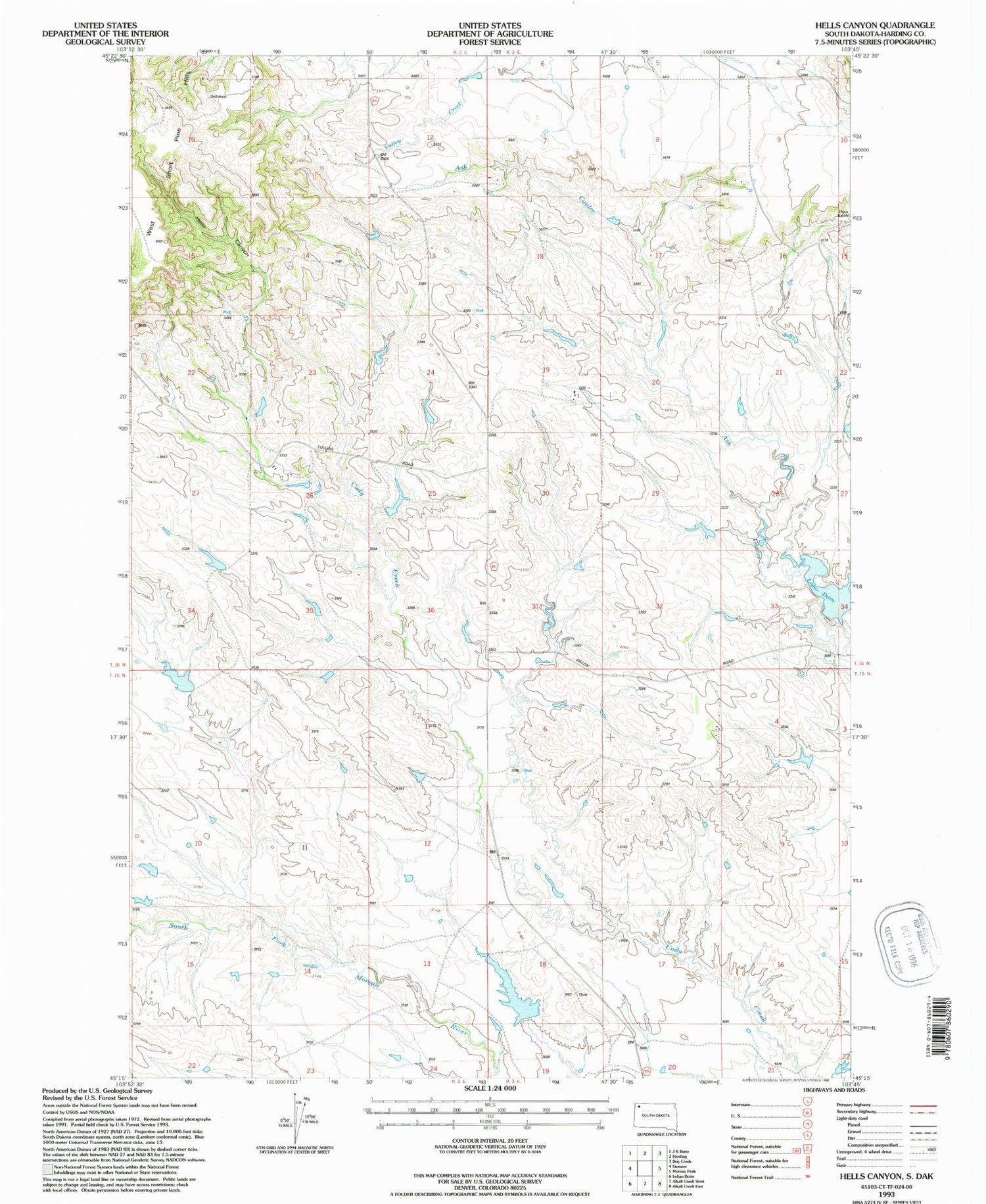 Classic USGS Hells Canyon South Dakota 7.5'x7.5' Topo Map Image