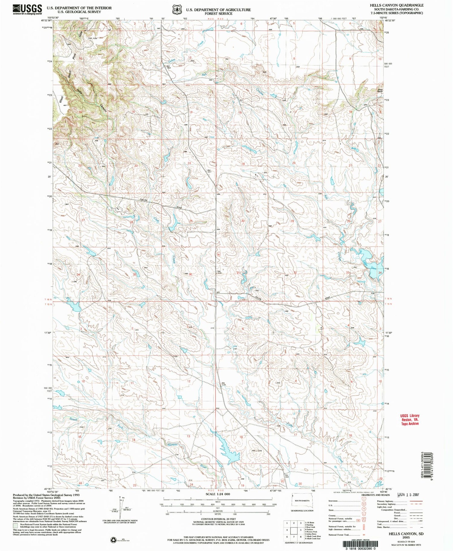 Classic USGS Hells Canyon South Dakota 7.5'x7.5' Topo Map Image