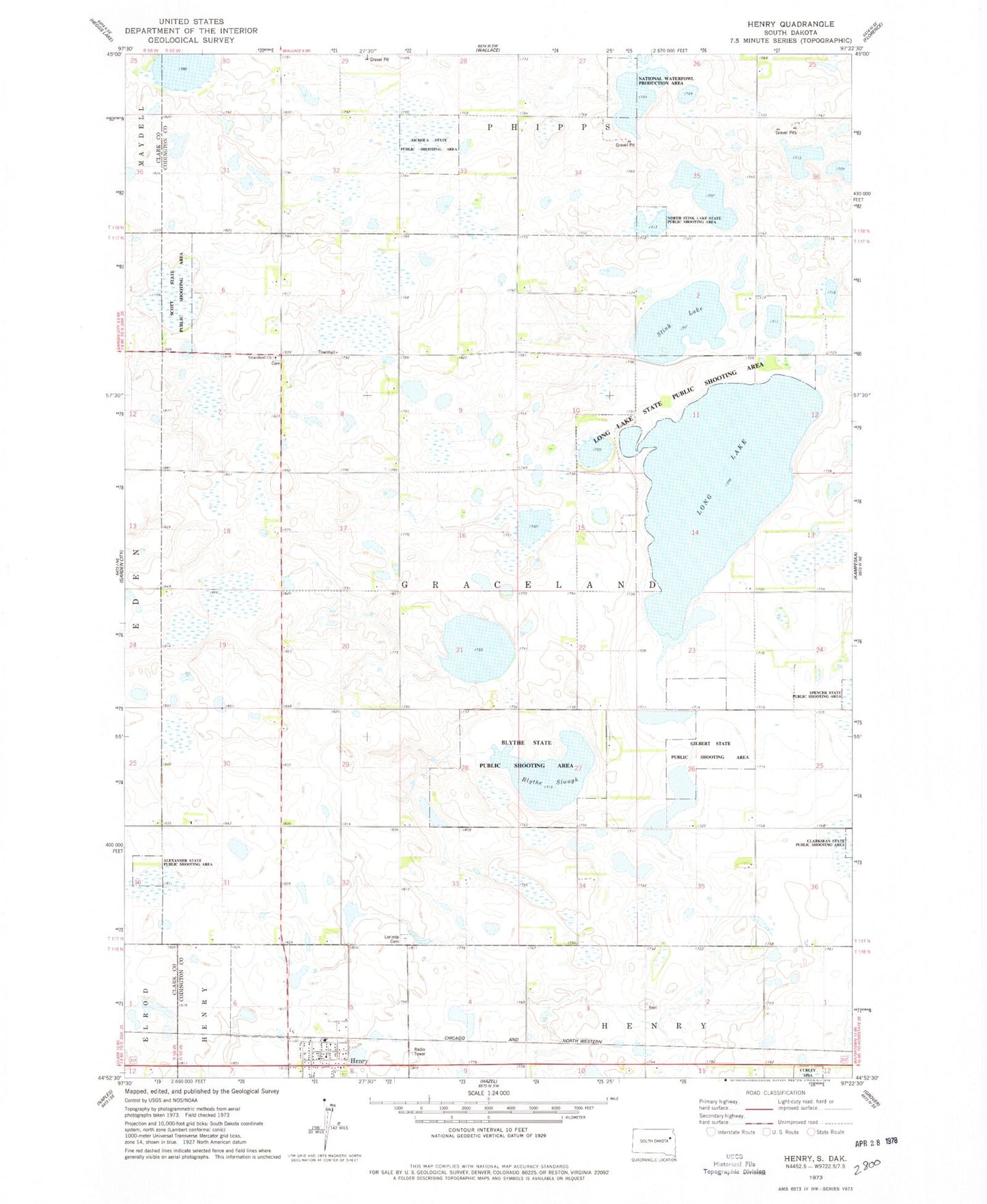 Classic USGS Henry South Dakota 7.5'x7.5' Topo Map Image