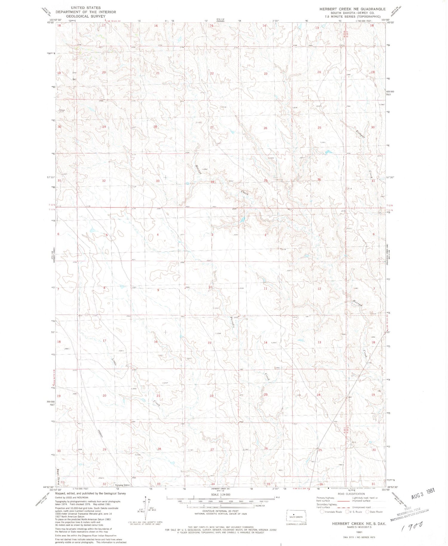 Classic USGS Herbert Creek NE South Dakota 7.5'x7.5' Topo Map Image