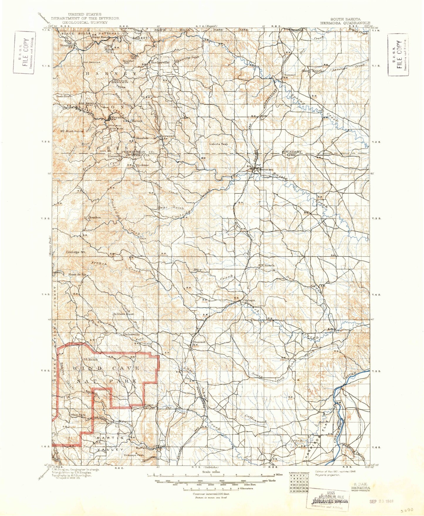 Historic 1901 Hermosa South Dakota 30'x30' Topo Map Image